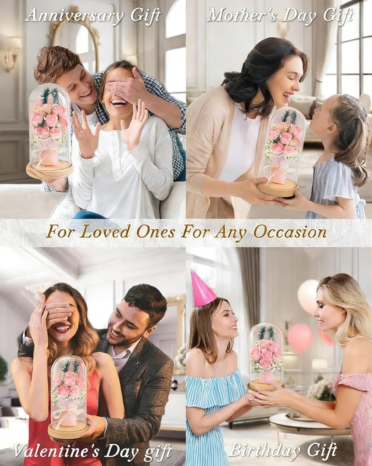 Preserved Flowers in Glass Dome with LED Lights, Decorative Rose Arrangement with Wooden Base (Light Pink) - Image 7