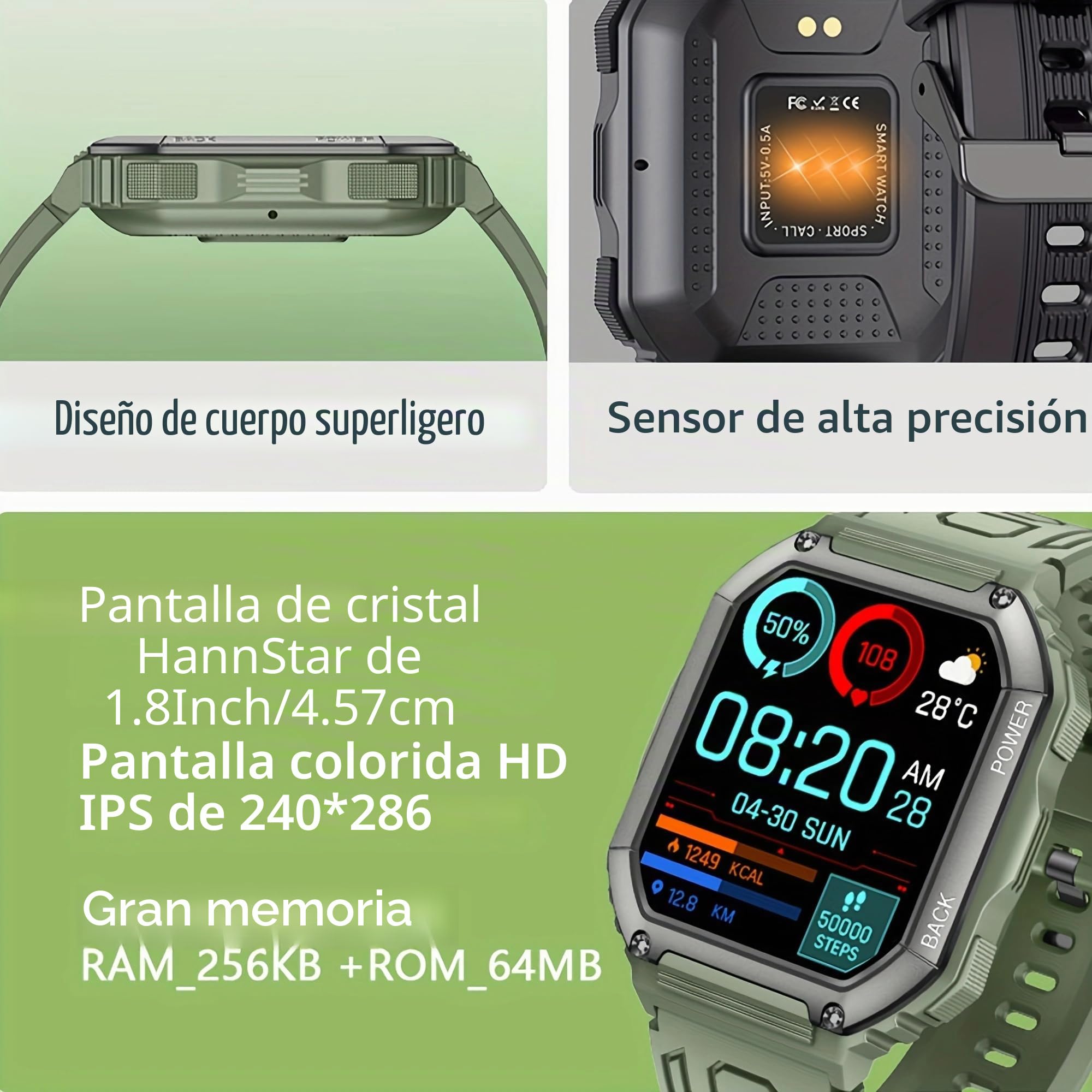 1,8" AMOLED Reloj Inteligente Hombre con Llamada y Whatsapp,Batería de 320 mah, 5ATM Impermeable Reloj Smartwatch 123 Deportivo Hombre con Monitor Sueño, Pulsómetro Android iOS (Camuflaje verde)