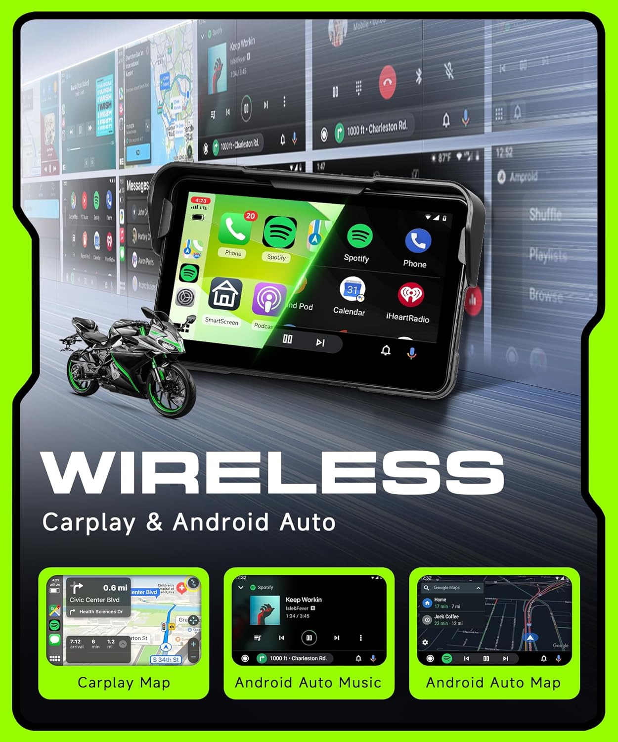 Motorcycle CarPlay Screen 5 Inch Wireless Carplay Android Auto for Motorbike with Removable Bracket, Waterproof Touchscreen, Supports GPS Navi, IP68 Waterproof for Motorbike, Voice Control