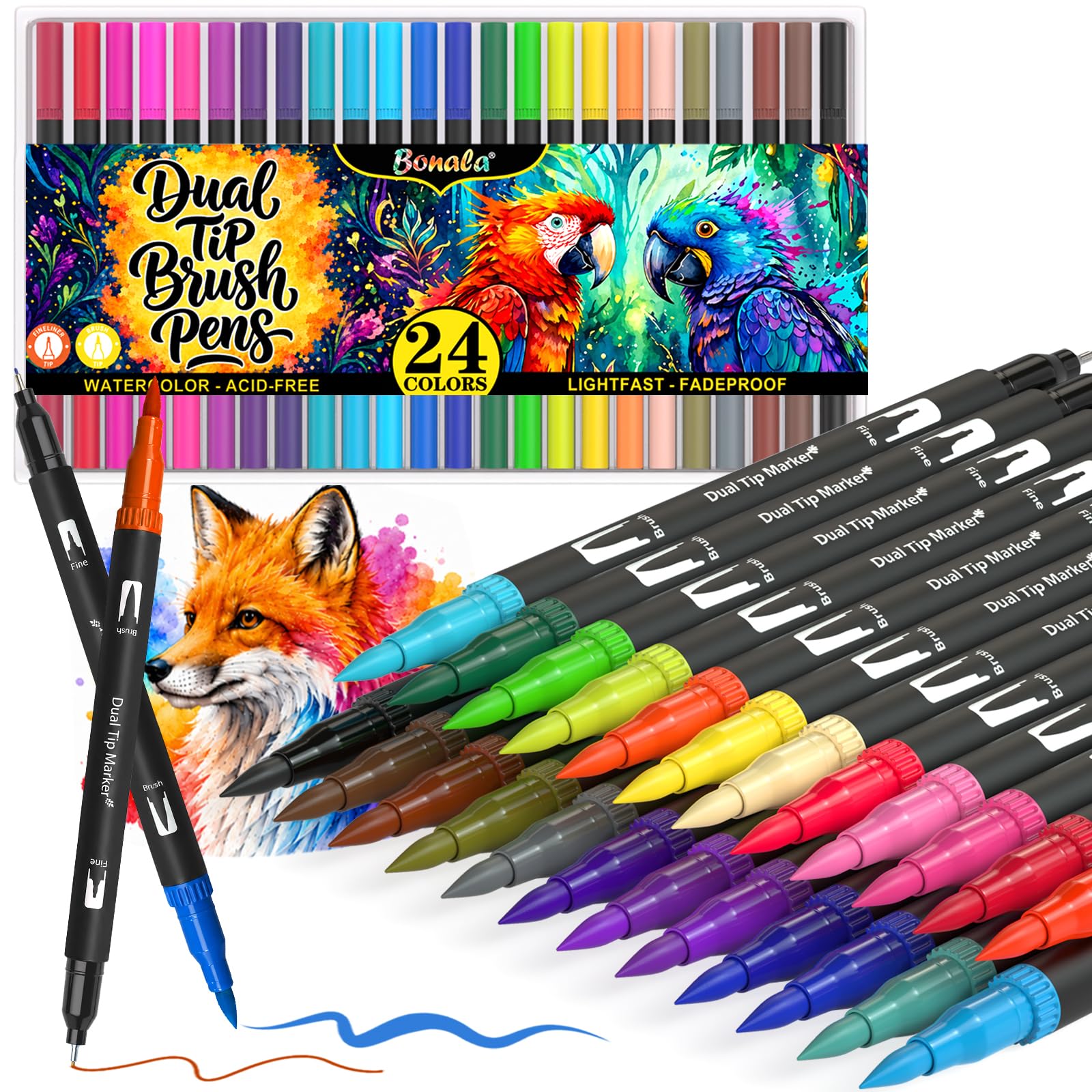 Bonala 24 Colours Dual Tip Colouring Pens, Fine & Brush Tip Coloured Pens for Adult Colouring Books, Fineliner Pens & Brush Pens with Case for Drawing, Sketching & Calligraphy