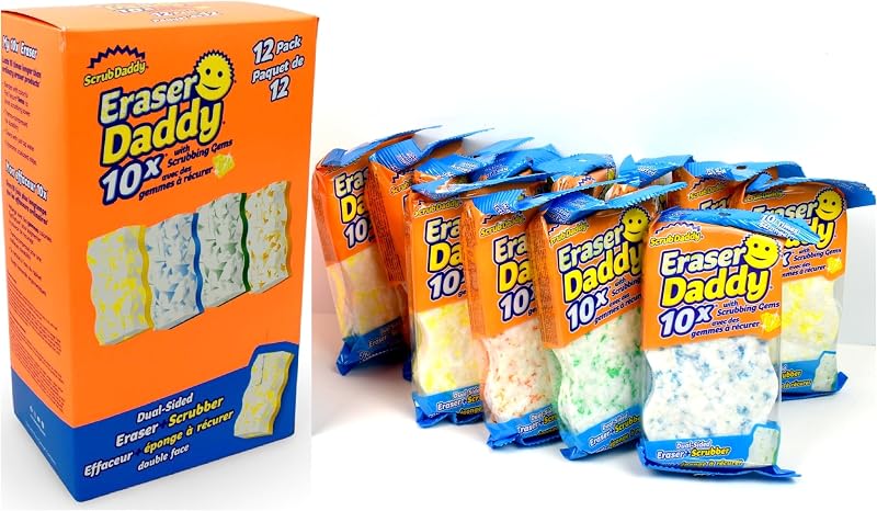 Eraser Daddy with Scrubbing Gems Dual-Sided Scrubber and Eraser, Lasts 10x Longer Than Ordinary Melamine Erasers, Water Activated, Ergonomic, Pack of 12, Includes 4 Colors