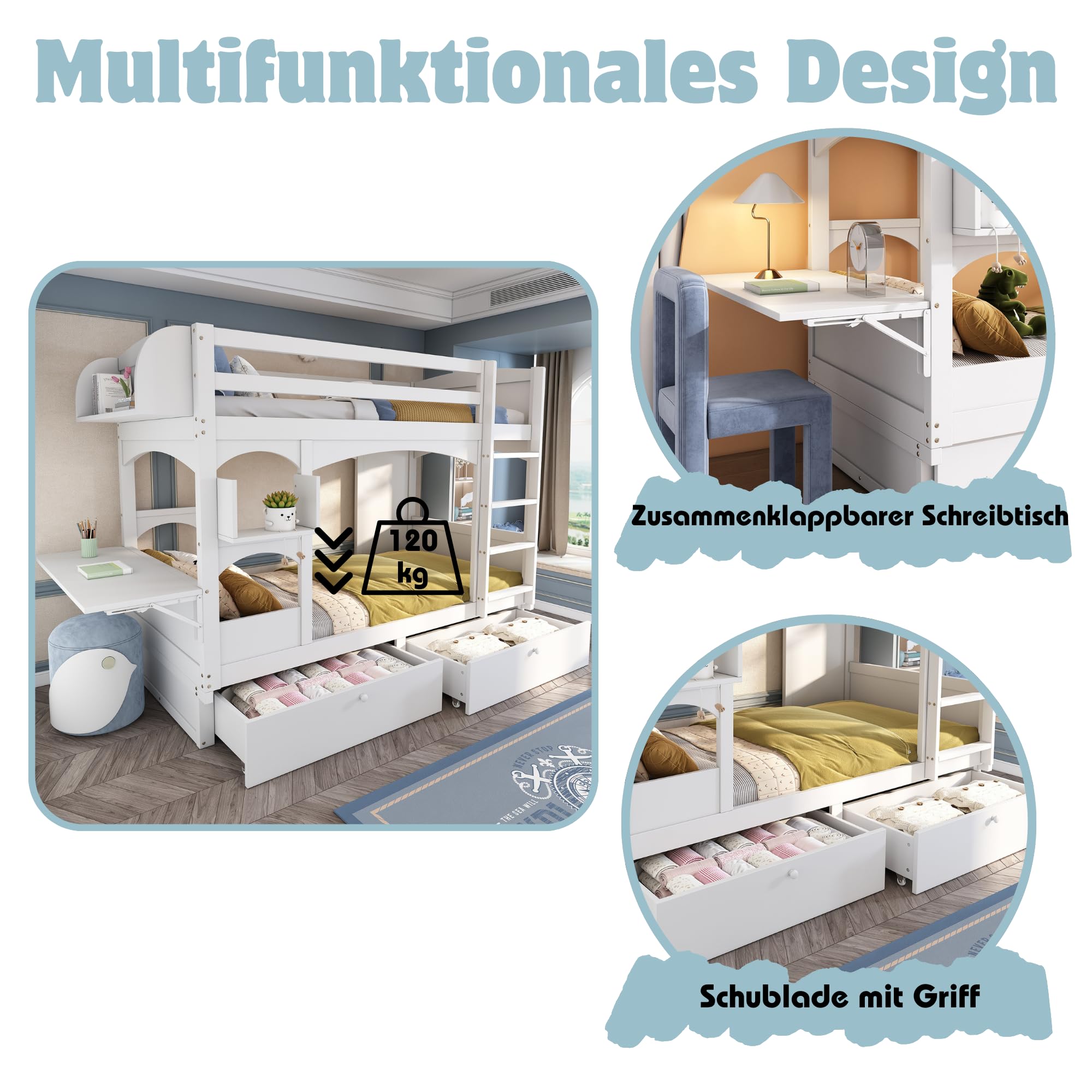 Kinderbett Etagenbett 90x200, Hochbett für 2 Kinder, Hausbett mit 2 Schubladen&klappbarem Schreibtisch&Regal&Leiter, Doppelbett Holzbett mit Lattenrost&Rausfallschutz, Massivholz, Ohne Matratze, Weiß