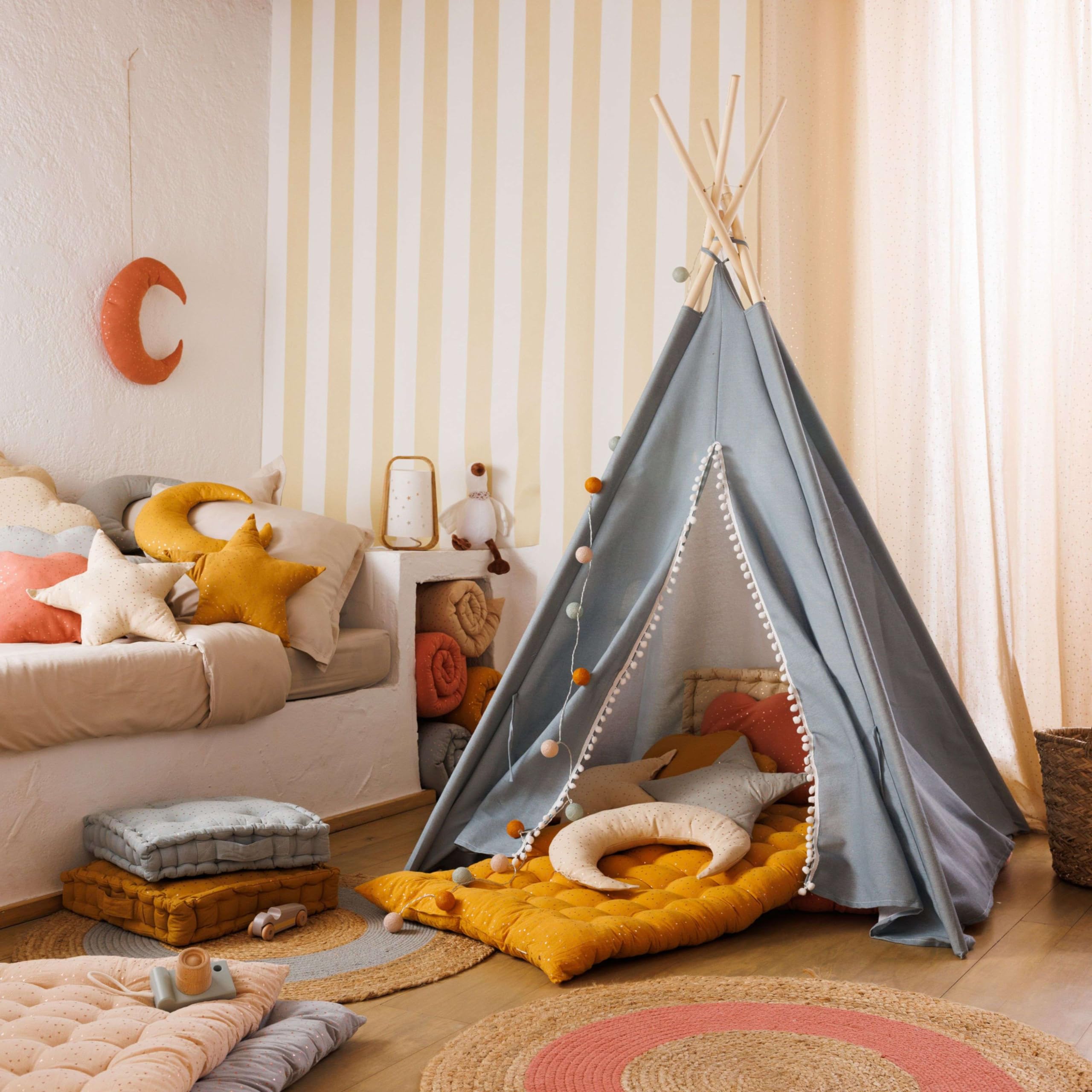 Miroytengo Tipi Infantil Wapi Azul 120 cm - Enrollable y portátil, en Poliéster y Algodón Tienda Campaña Infantil