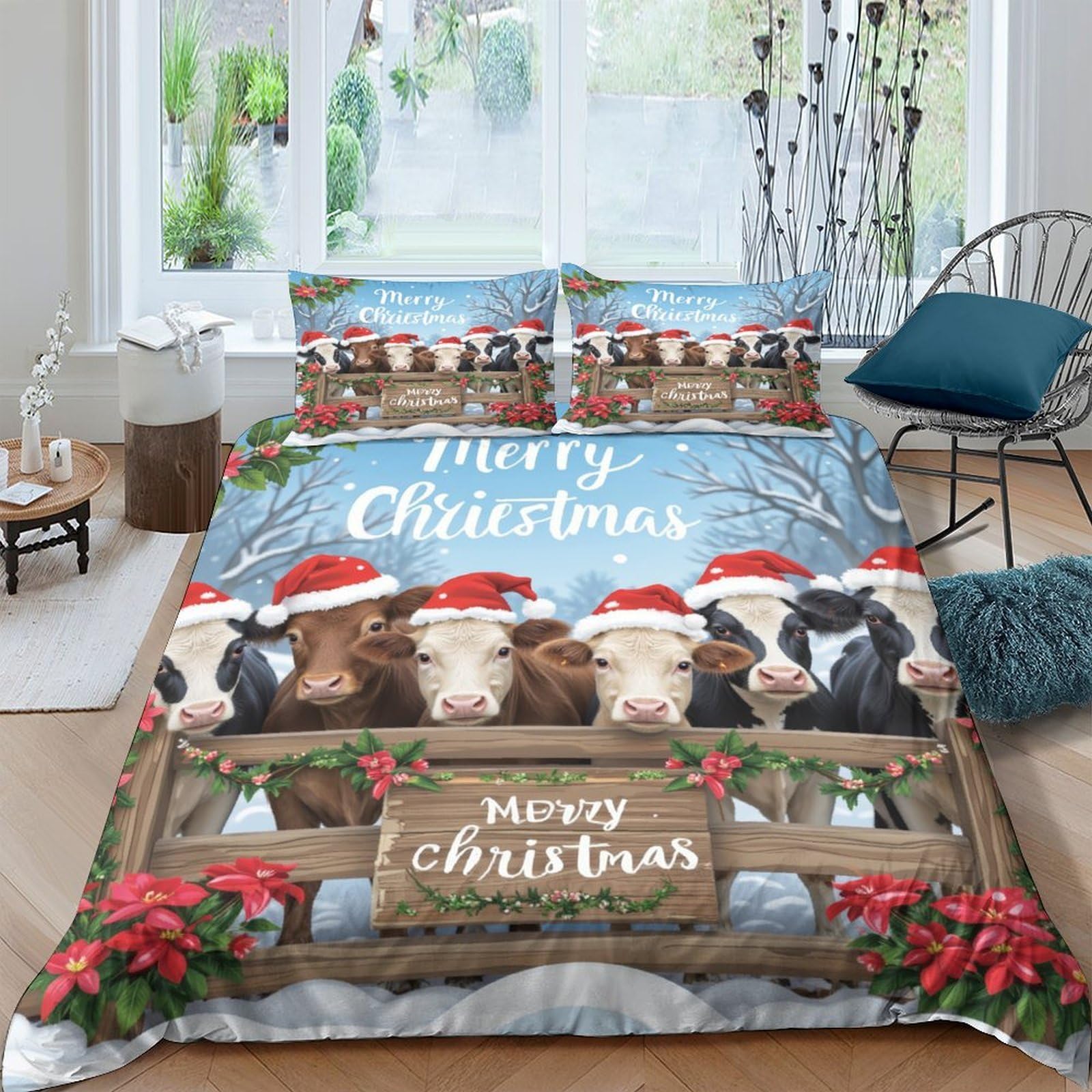 TUFRTGYHN 3D Printed Christmas Cow Duvet Cover Microfiber Soft Breathable Farm Animal Quilt Cover Set with 2 Pillowcases for Bedroom Decor Single（135x200cm）