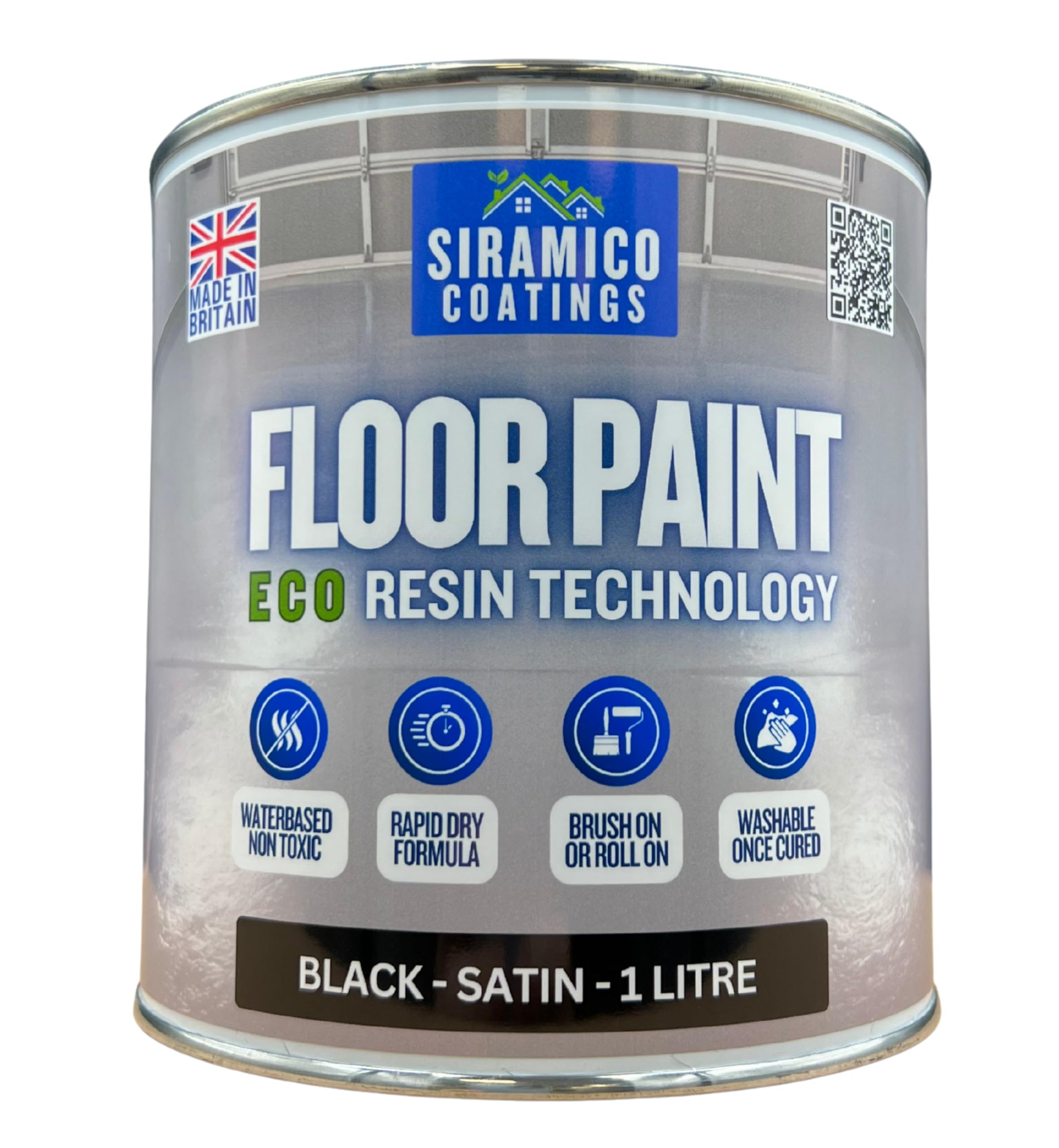 SIRAMICO COATINGS Floor Paint | 1 Litre | Satin | Water-Based Quick-Dry Formula - Non-Toxic, No-VOC, Durable Coating for Concrete, Brick, Stone & Wood Floors (Black)