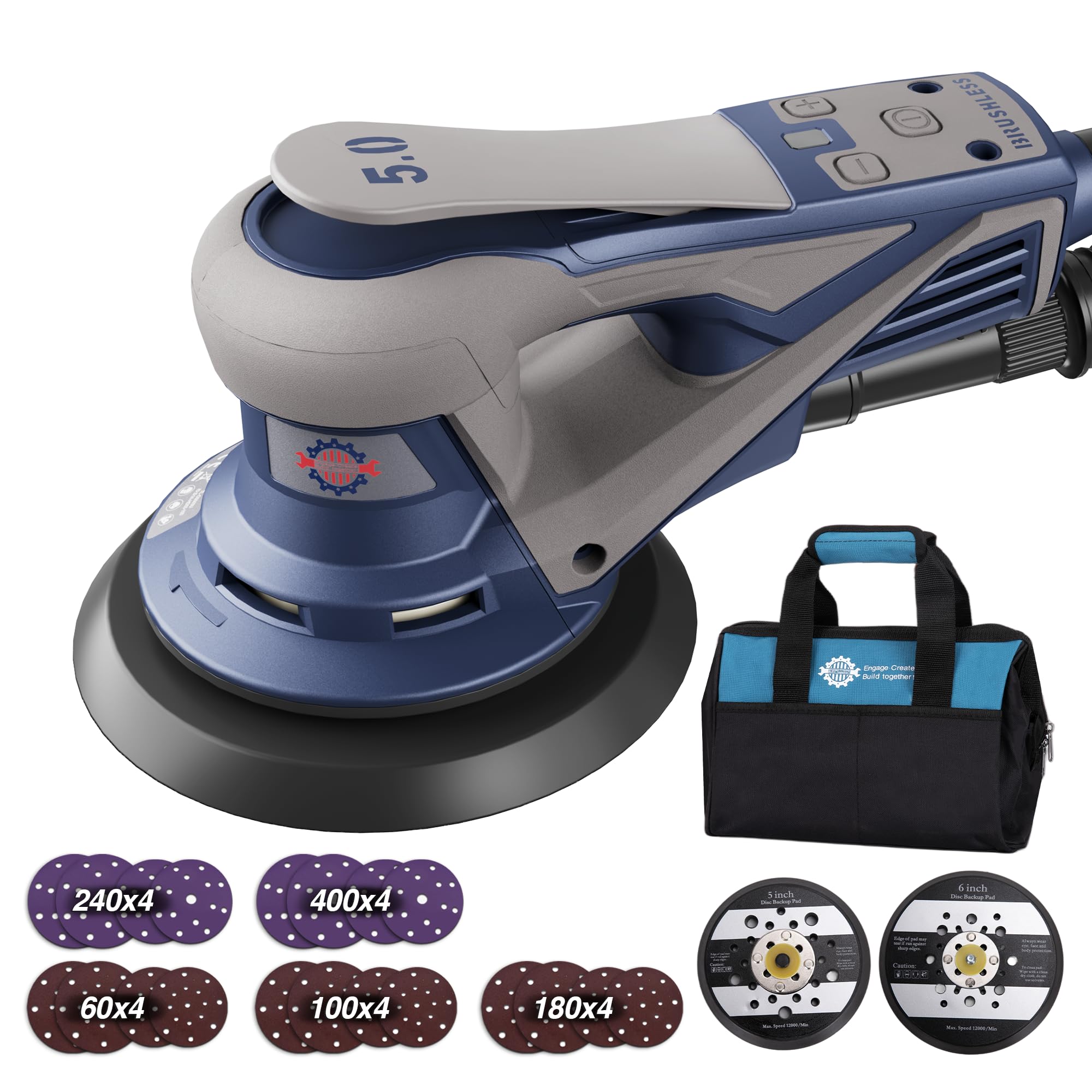 TurboVolt Brushless Random Orbital Sander, 350W 10000 RPM Electric Sander with 125mm&150mm Sanding Pad, 7 Variable Speeds, 20pcs Sandpapers Brushless Sanders for Sanding and Polishing, Carrying Case