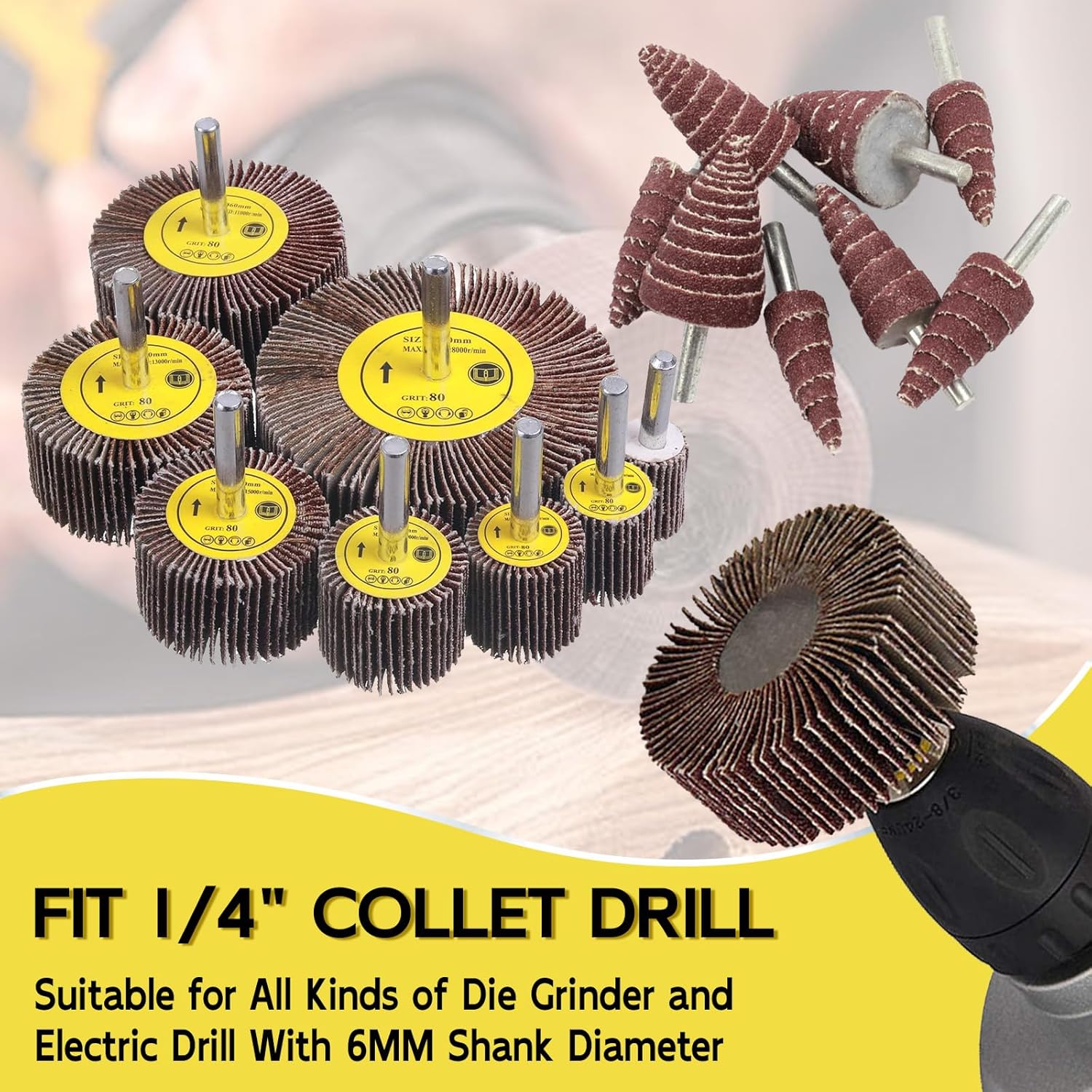 60 Pack Abrasive Flap Wheel Sander Set, 1/4 Inch Aluminum Oxide Sanding Wheels, 80 Grit Cylindrical Shape, 9 Sizes