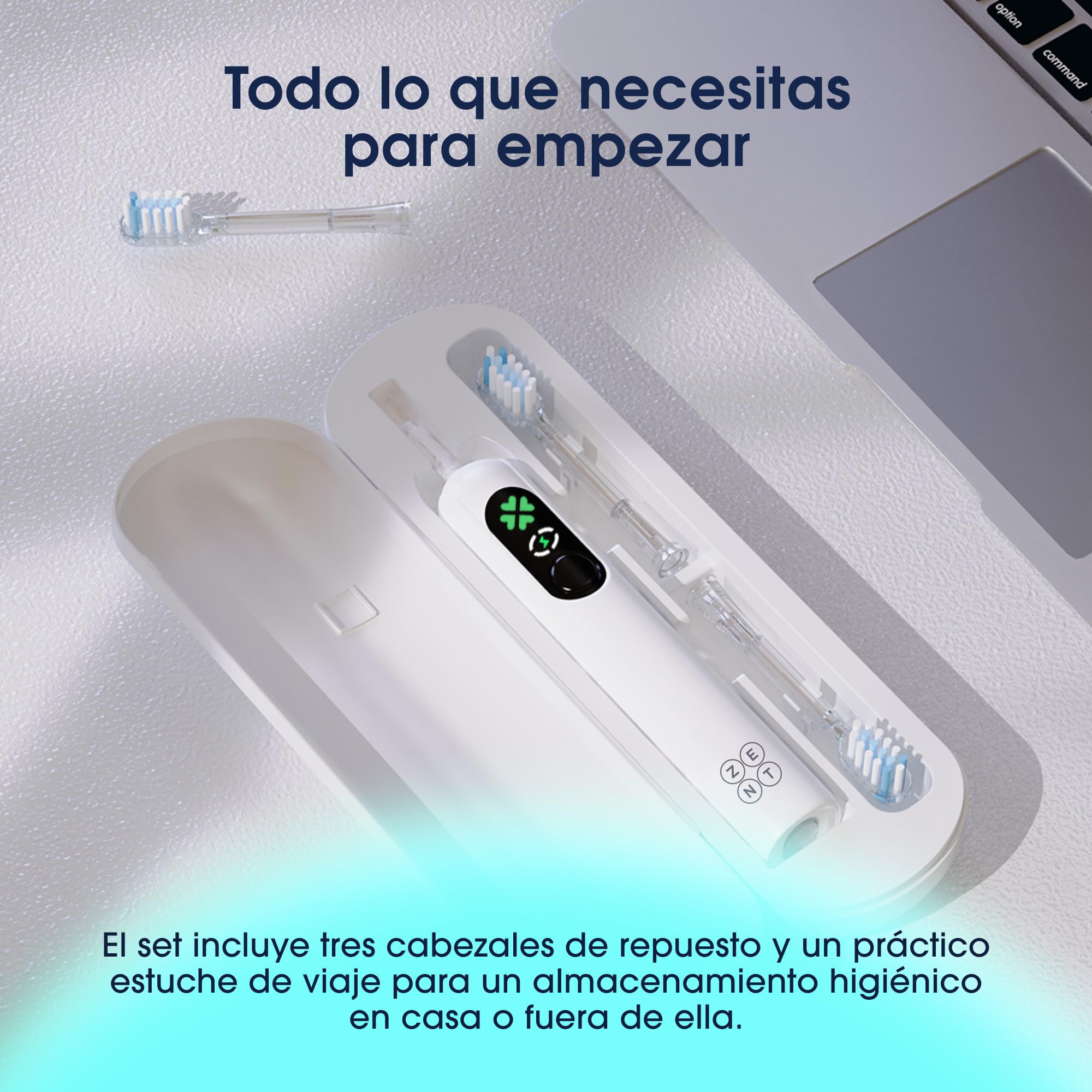 ZENT SoniQ Cepillo de dientes eléctrico sónico 2en1 | Ultrasonido 38.400 VPM Oscilación, IPX7, 4 modos, cepillo electrico con LCD, estuche de viaje, cable USB-C, 30 días batería