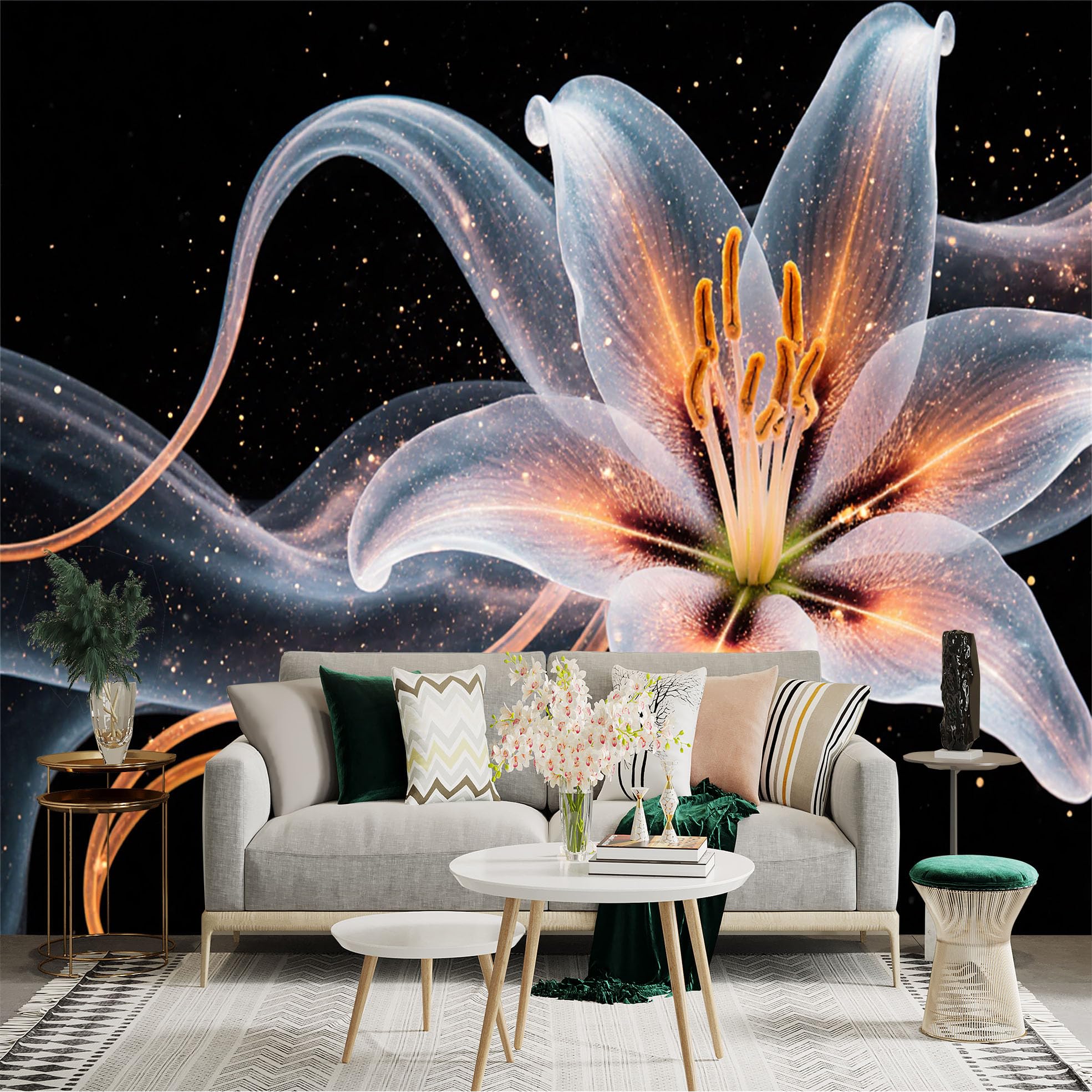 Custom Size Wall Sticker Mural， Transparent White Lily， Glowing Floral Abstract Art， Golden Particles， Ethereal Nature Decor， for wall Decoration， peelandstick wall Decals.