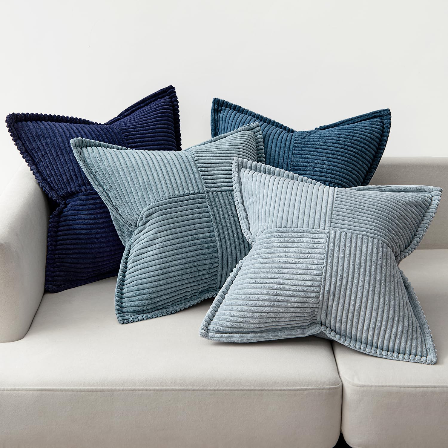 MIULEE Funda de Cojines para Sofá 50x50 cm Funda de Almohada de Corduroy Súper Suave Cojin de Pana a Rayas Decoración Moderna para Sofá Silla Cama Sala de Estar Dormitorio 4 Piezas Serie Azul