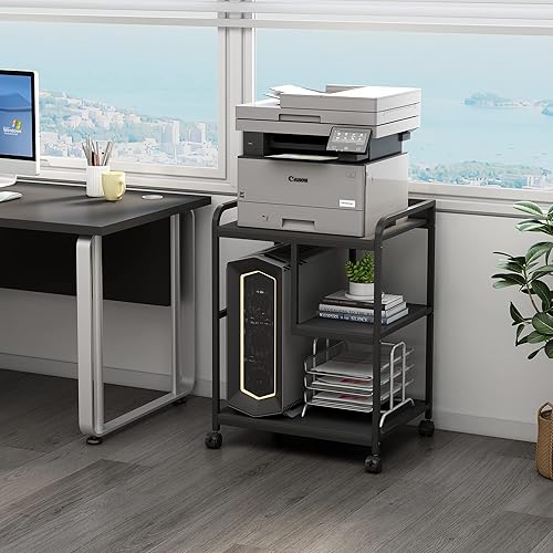 Miniatura 7 de Soporte de impresora con estante de almacenamiento para organización de oficina en casa, mesa de impresora grande de 22 x 18 pulgadas con ruedas,