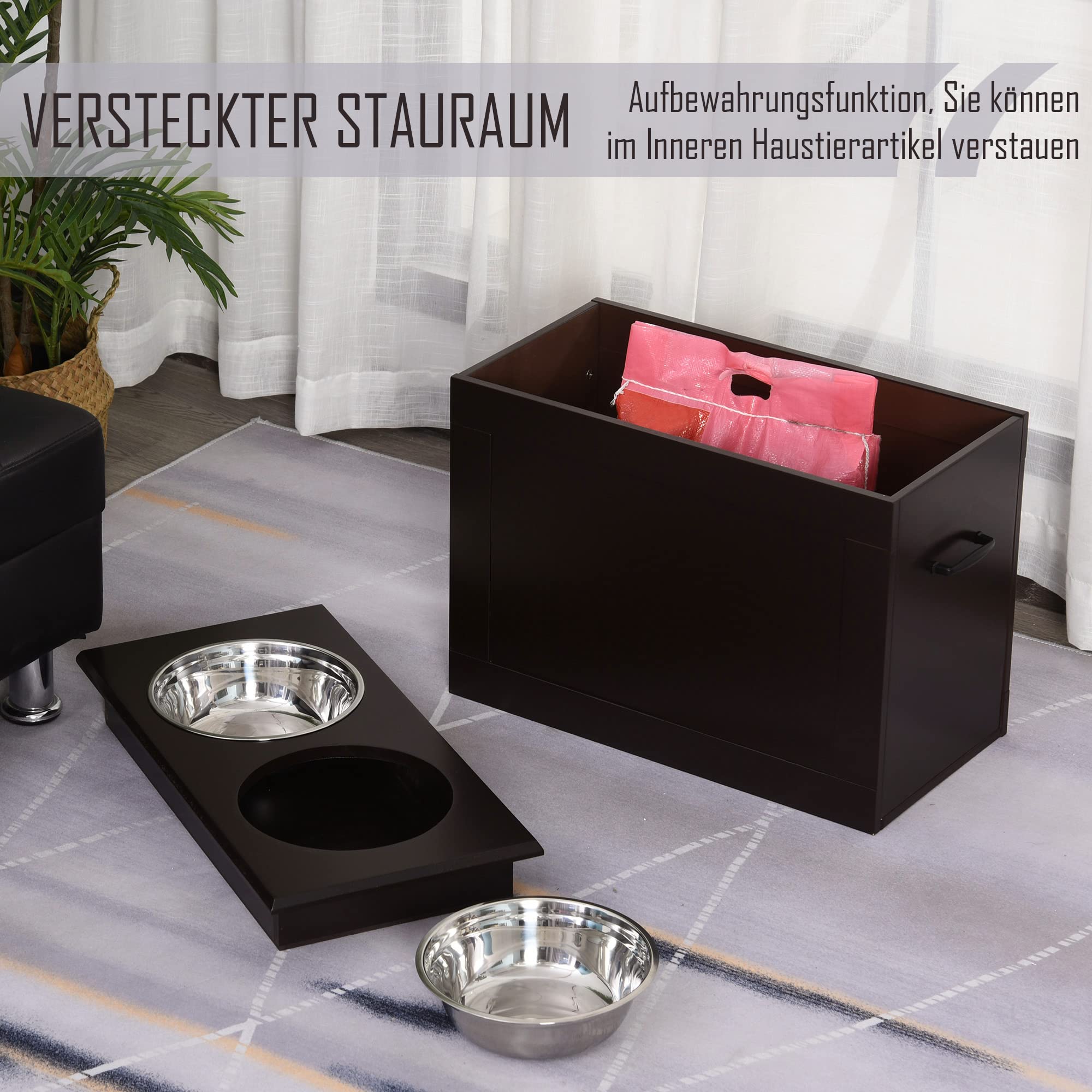 PawHut Erhöhter Hundenapf Futterstation Hunde Katzen 2 x 2000ml Espresso | Staumraum, Futternapf, Wassernapf, Edelstahlnäpfen, Hundenäpfe, Fressnapf