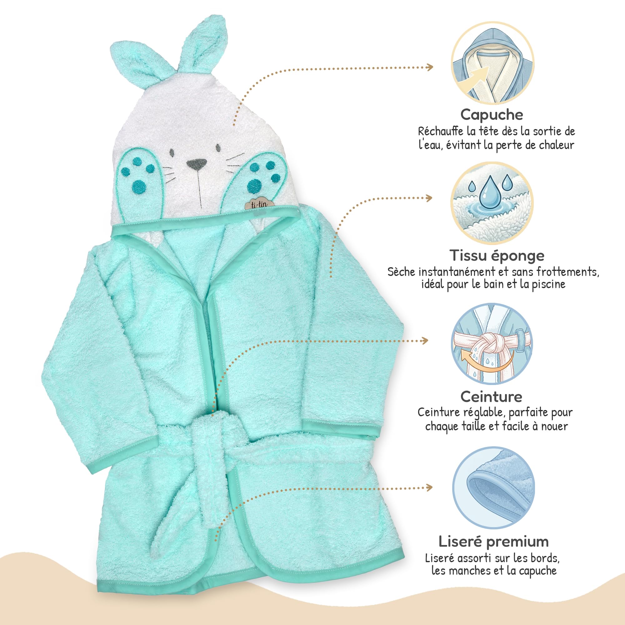 Ti Tin Peignoir à capuche pour enfant 100% coton doux et absorbant Taille bébé de 6 à 18 mois