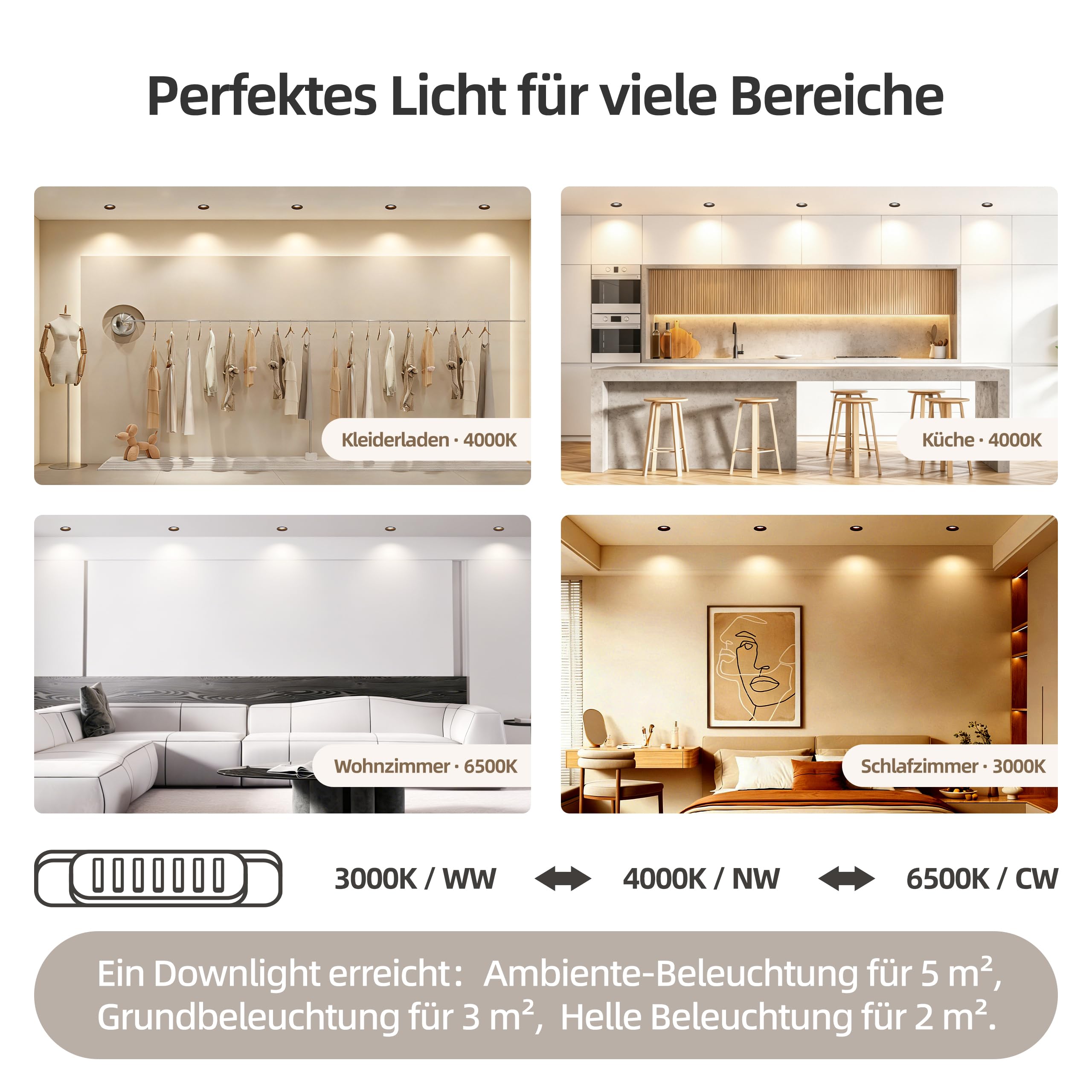 6er LED Einbaustrahler 230V Dimmbar 5W 3CCT IP44 Deckenspots | LED Spots Einbauleuchten 550lm CRI90+ Warmweiß Neutralweiß Kaltweiß für Küche Wohnzimmer Flur ohne Trafo Ø75mm