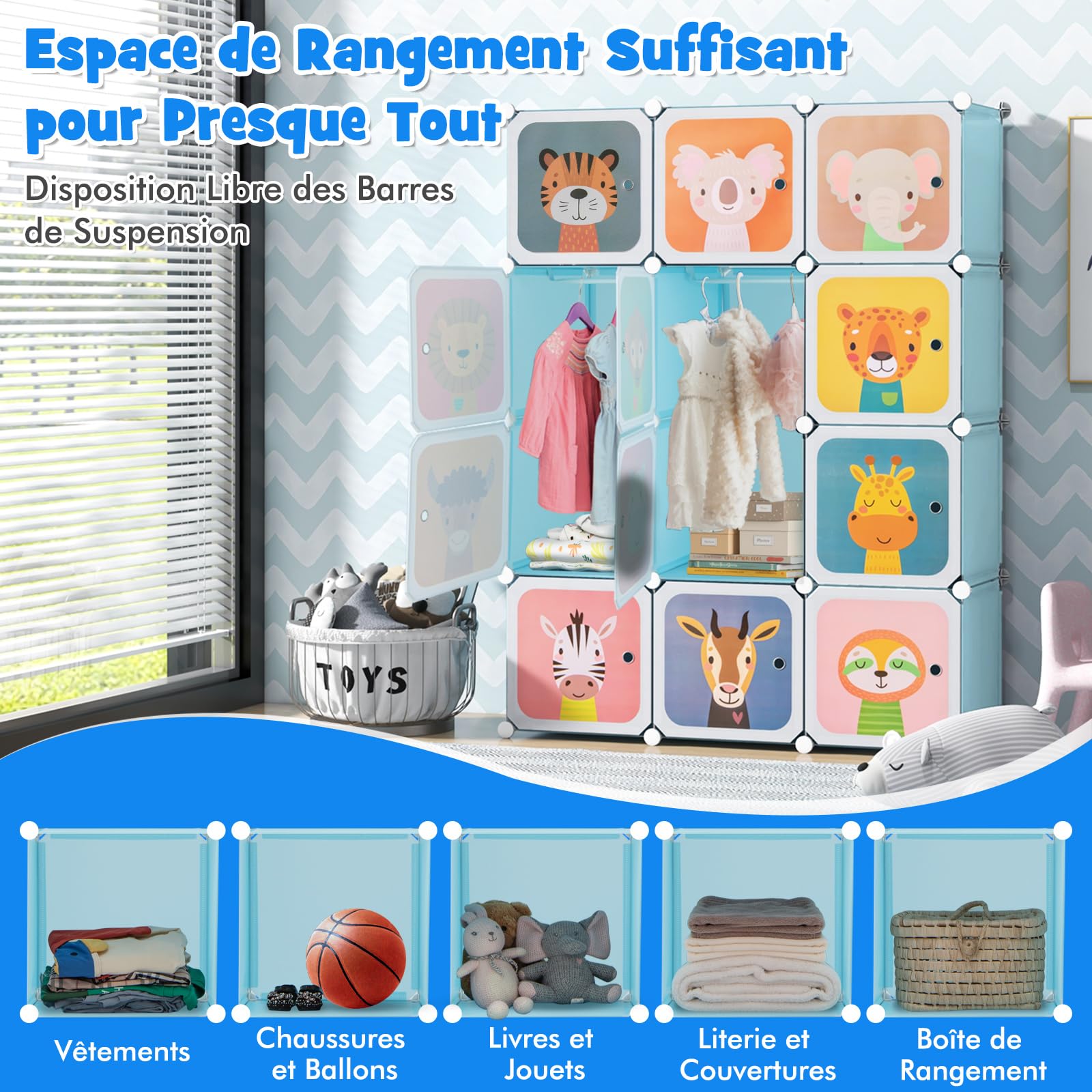 COSTWAY Meuble Rangement Enfant 12 Cubes avec Motif d'animaux, Armoire Modulable avec Portes & Poteau de Suspension, Charge 10kg pour Vêtements Chaussures Jouets, 109 x 35 x 145 cm