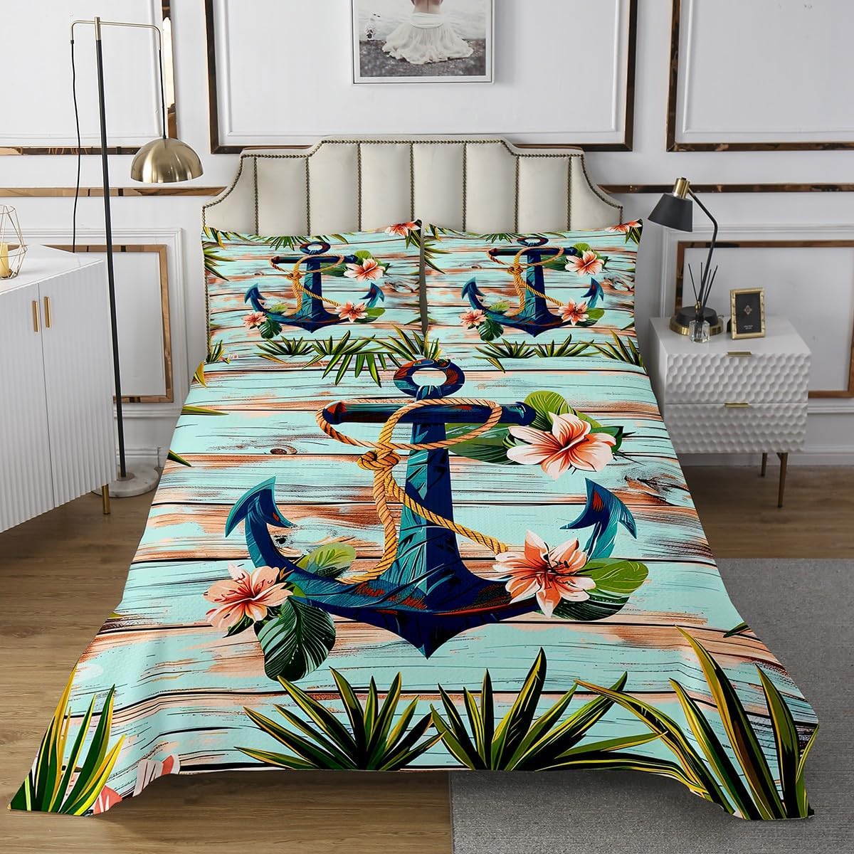 Erosebridal Teal Anchor Coverlet Set Queen Size, 3 Pcs Nautical Anchor Bedspread Retro Wooden Plank Quilted Ship Anchor Marine Life Quilt Set Flower Leaves Bedroom Decor