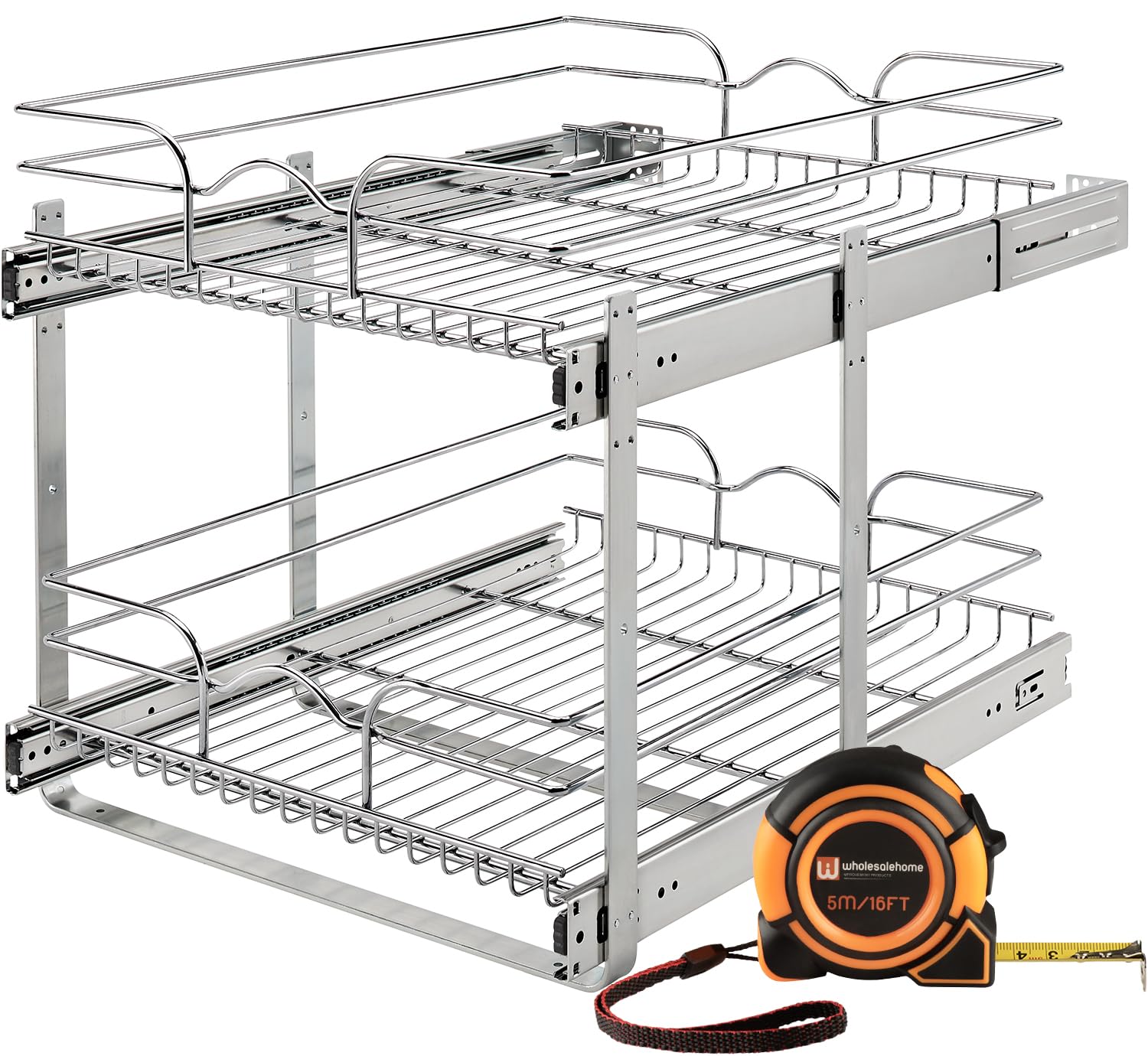 Rev-A-Shelf2 Tier Pull Out Cabinet Organizer,5WB2-1822CR-1,18 x 22 Inch Under Sink pull out organizer,Steel Wire Pots and Pans Organizer Kitchen Cabinet,Wholesalehome Tape Measure Included Silver