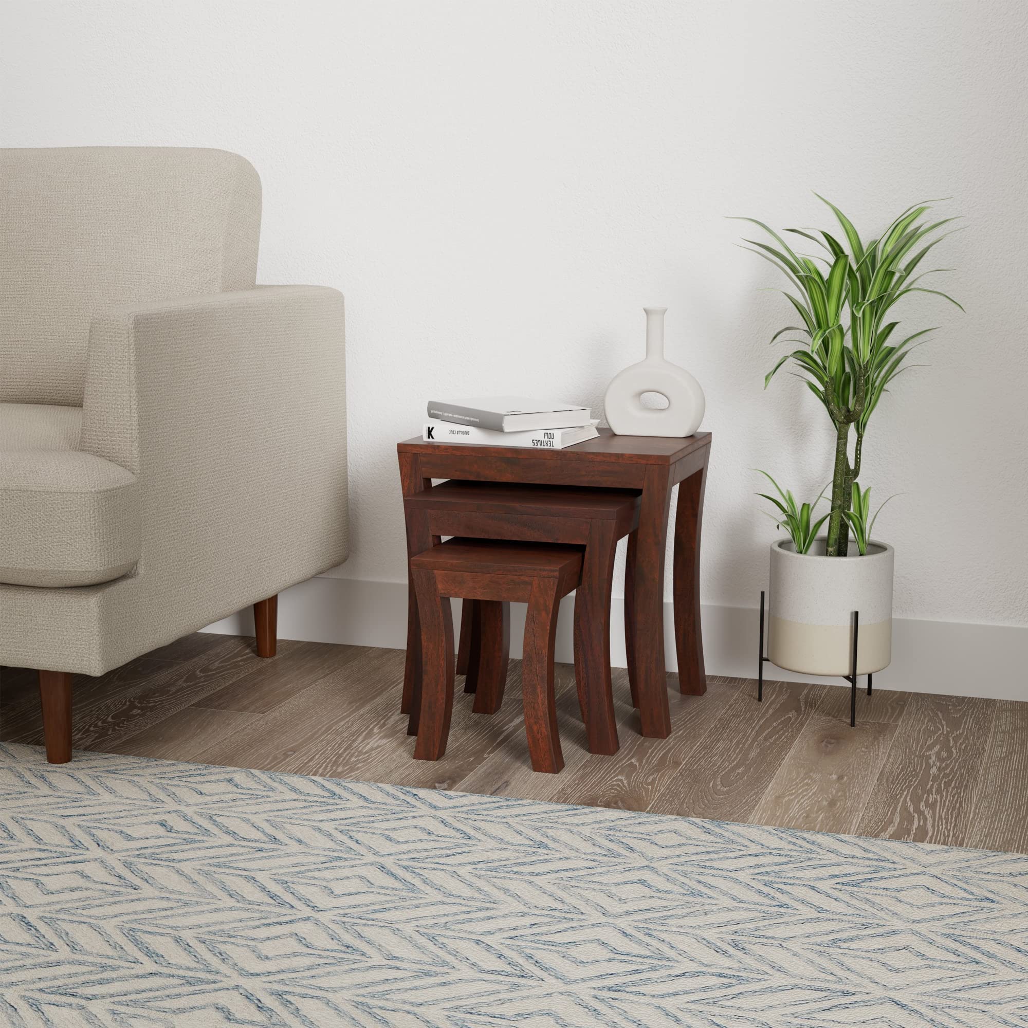 Amazon Brand - Solimo Zempin Nested Side Table, Set of 3 (Solid Sheesham Wood, Honey Finish)