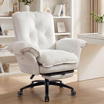 FiveWillowise Criss Cross Chair with Flip Arms&Footrest, Comfy Office Chair | Wide Seat Reclining Desk Chair with Wheels,High Back Cross Legged Office Chair, Vanity Chair with Spring Cushion,Velvet Beige