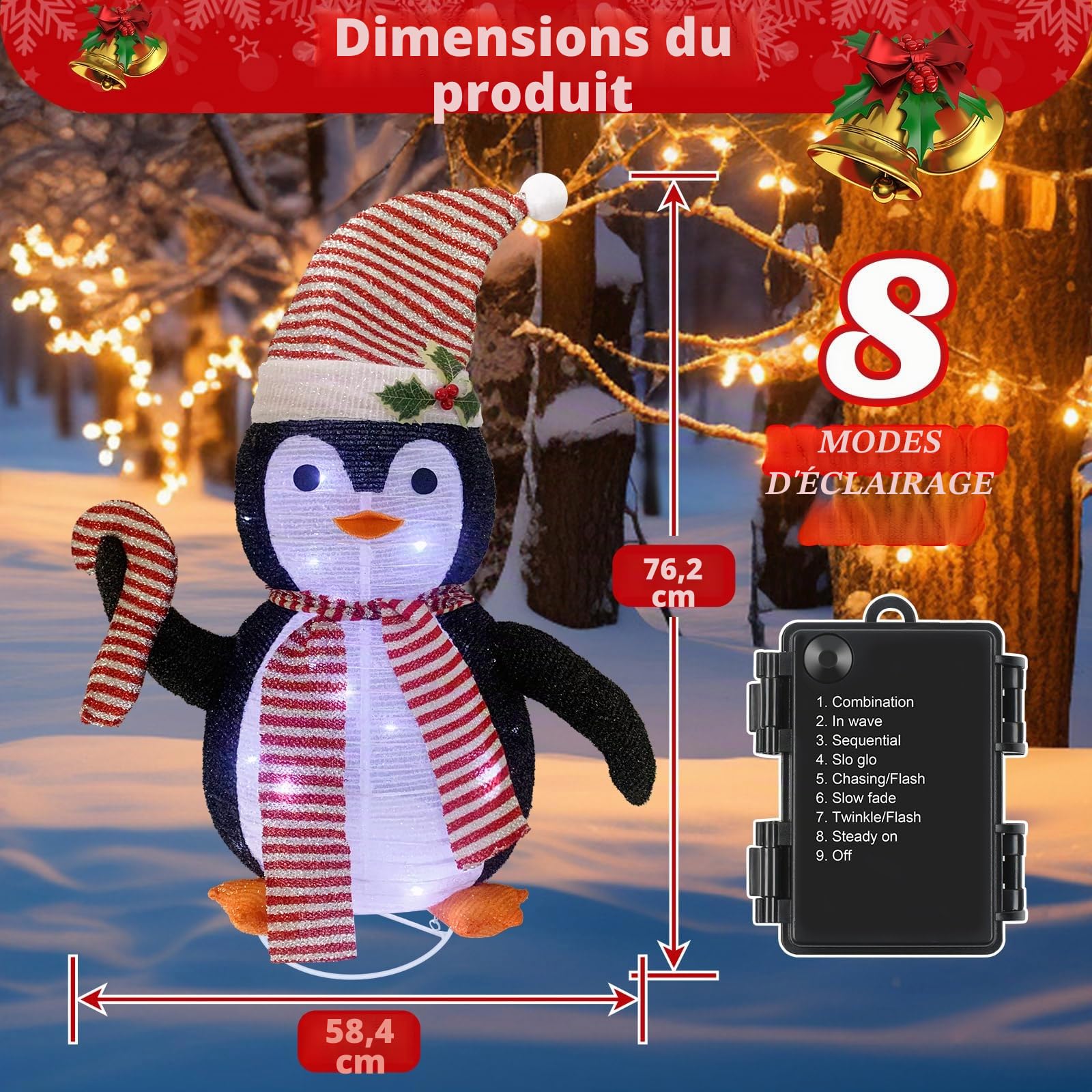 Décorations de Noël pingouin lumineux de 30 pouces avec 40 lumières LED, pingouin pliable avec chapeau, décorations de Noël pour extérieur intérieur cour jardin (77 cm de haut)
