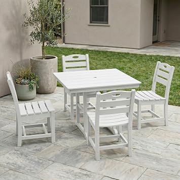 Outdoor 5-Piece HDPE Patio Dining Set, 37.8 Inch Square Table with 4 Chairs, All-Weather Weather Resistant Bistro Set for Patio Balcony Backyard Garden, White