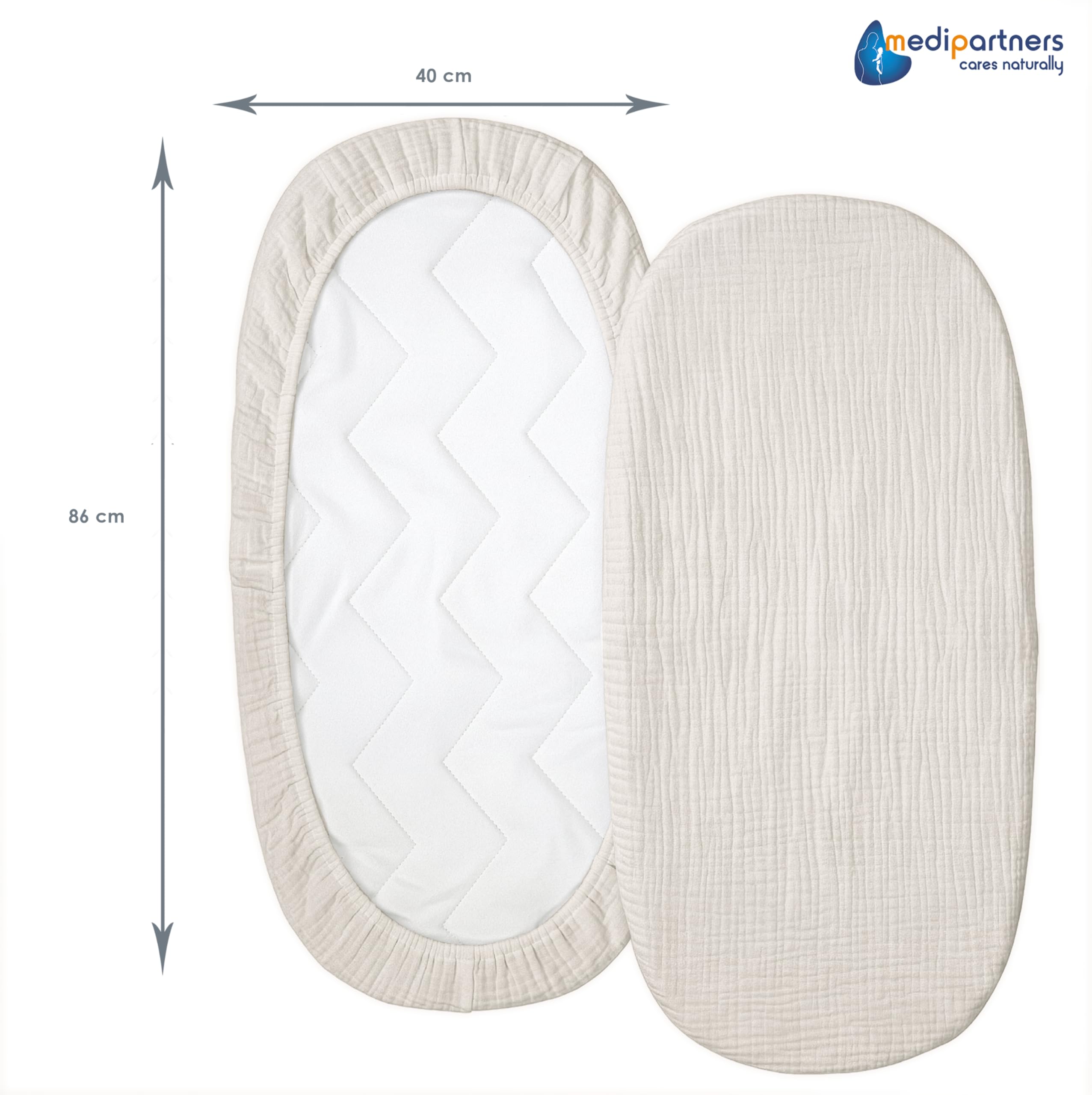 Medi Partners Sabanas Cuna Bebe 86x40 Sabana Bajera Capazo Set de 3 Funda Colchon Combiador para Carro - 100% Algodón Muselina Universal Minicuna Moises Sábanas Carrito (Beige-Blanco-Gris) — view 2