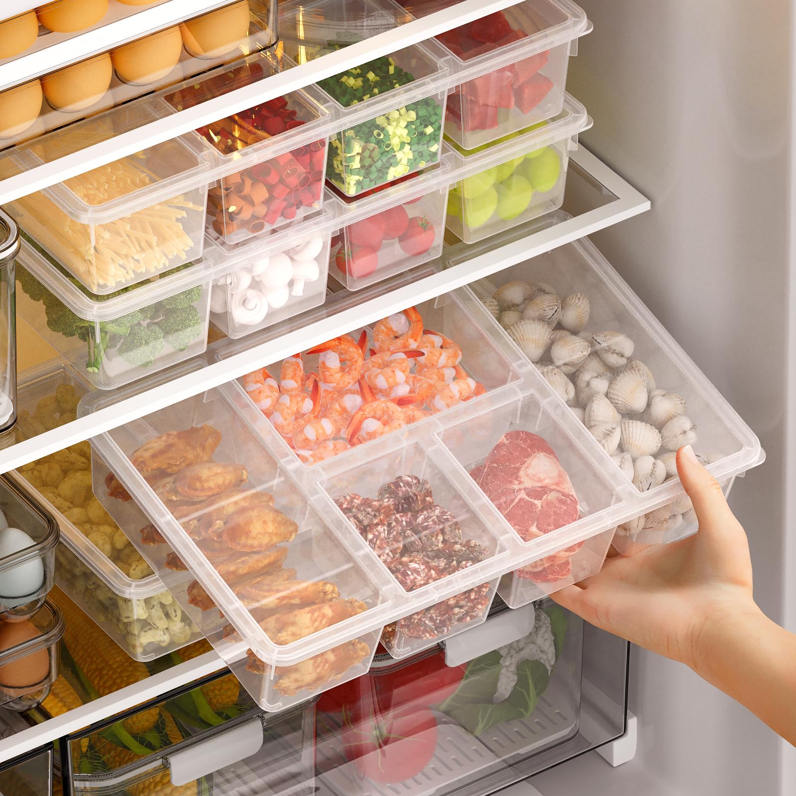 Taiuloo 2 Pack Divided Veggie Tray with Lid, Salad Bar Containers for Fridge Organizer, 5 Compartment Snackle Box Container, Clear Plastic Food Storage & Seving for Fruit, Vegetable, Snack, Meal Prep