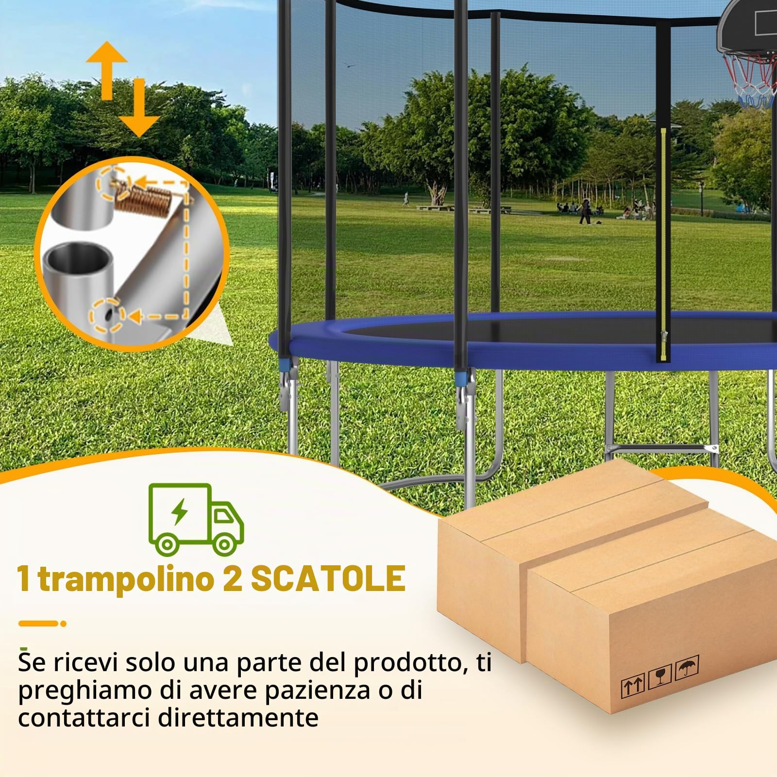 Grande Trampolino Familiare Rotondo 305 cm o 366 cm per Esterno, Kit Completo con Rete Sicura, Scala e Canestro da Basket per Bambini e Adolescenti