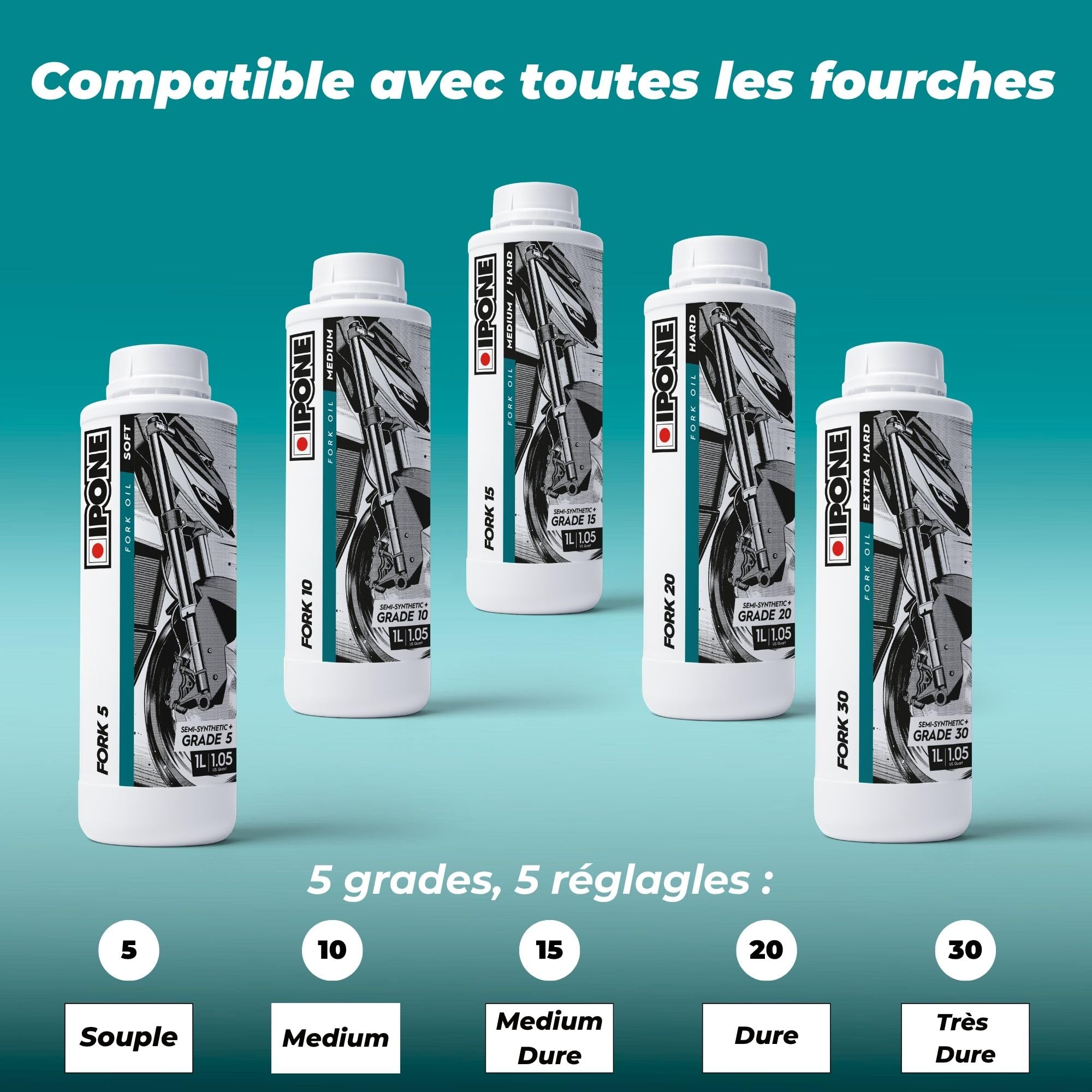 IPONE – Huile de Fourche Moto - Fork 10 – Semi-synthétique - Anti-friction et Anti-Emulsion - Bidon 1L