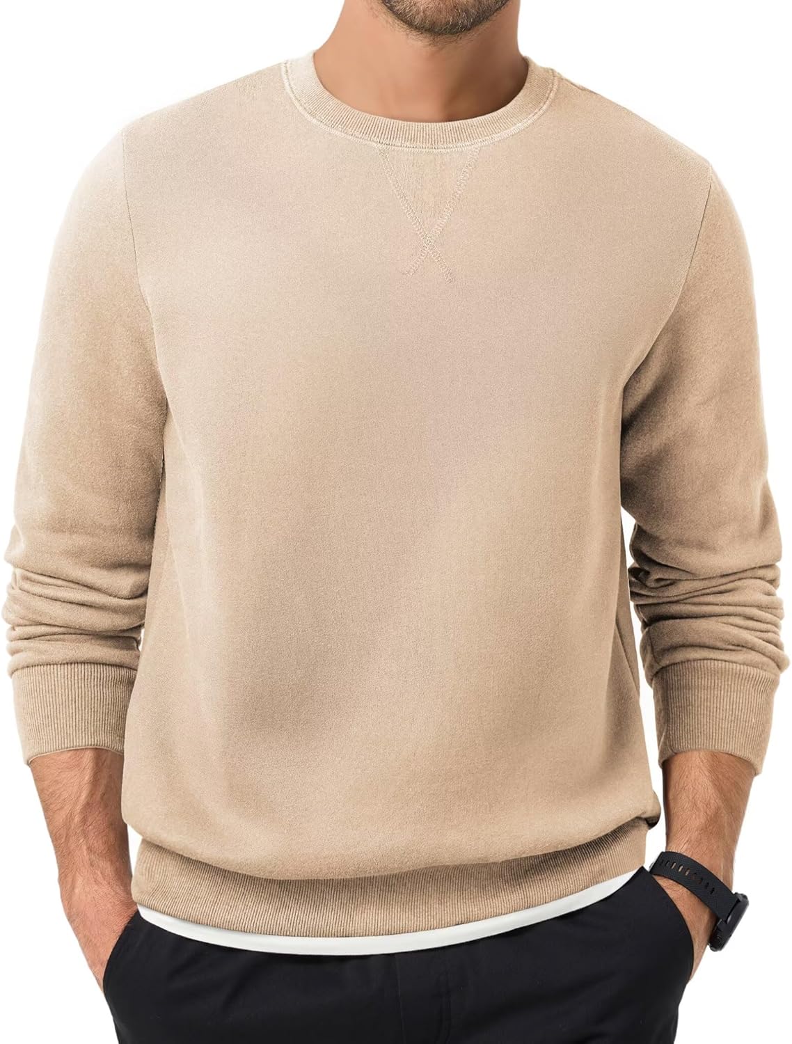 Dokotoo Men Men's Crewneck Sweatshirts Soild Color Fall Warm Fleece Sweaters Long Sleeve Casual Pullover Shirt