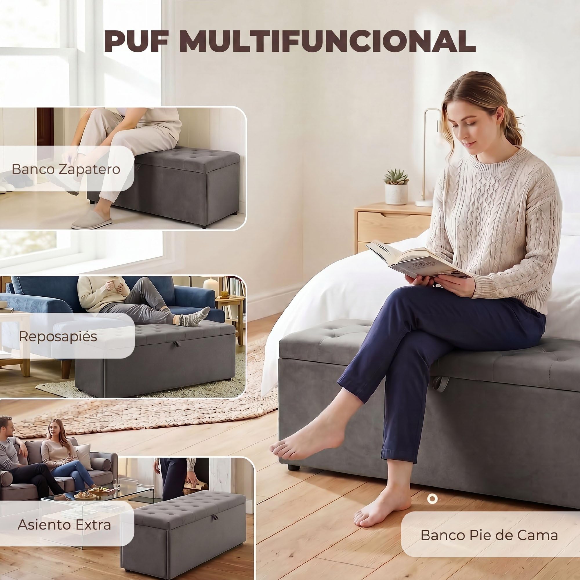 HOMCOM Puff Almacenaje Banco Almacenaje Dormitorio 141L 137x41x42cm Gris | Tapizado en Terciopelo, Baúl de Almacenamiento, Carga 240 kg, Taburete para Sala de Estar, Entrada