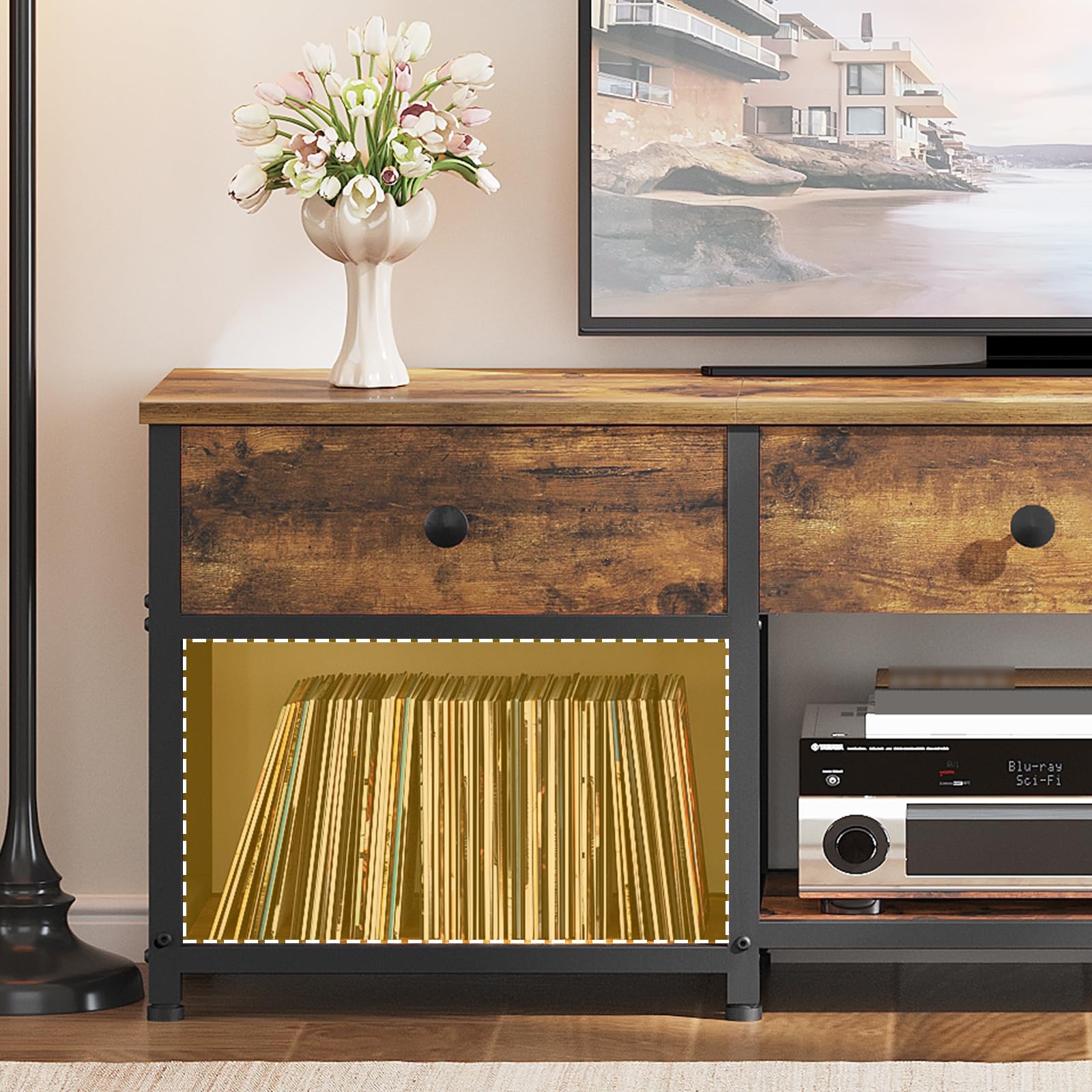 YATINEY Mueble para TV de hasta 50 Pulgadas, Mueble TV con 3 Cajones, Mueble Multimedia de Estilo Industrial de 120 cm de Longitud, para Salón, Dormitorio o Despacho, Marrón Vintage y Negro XDS12BR