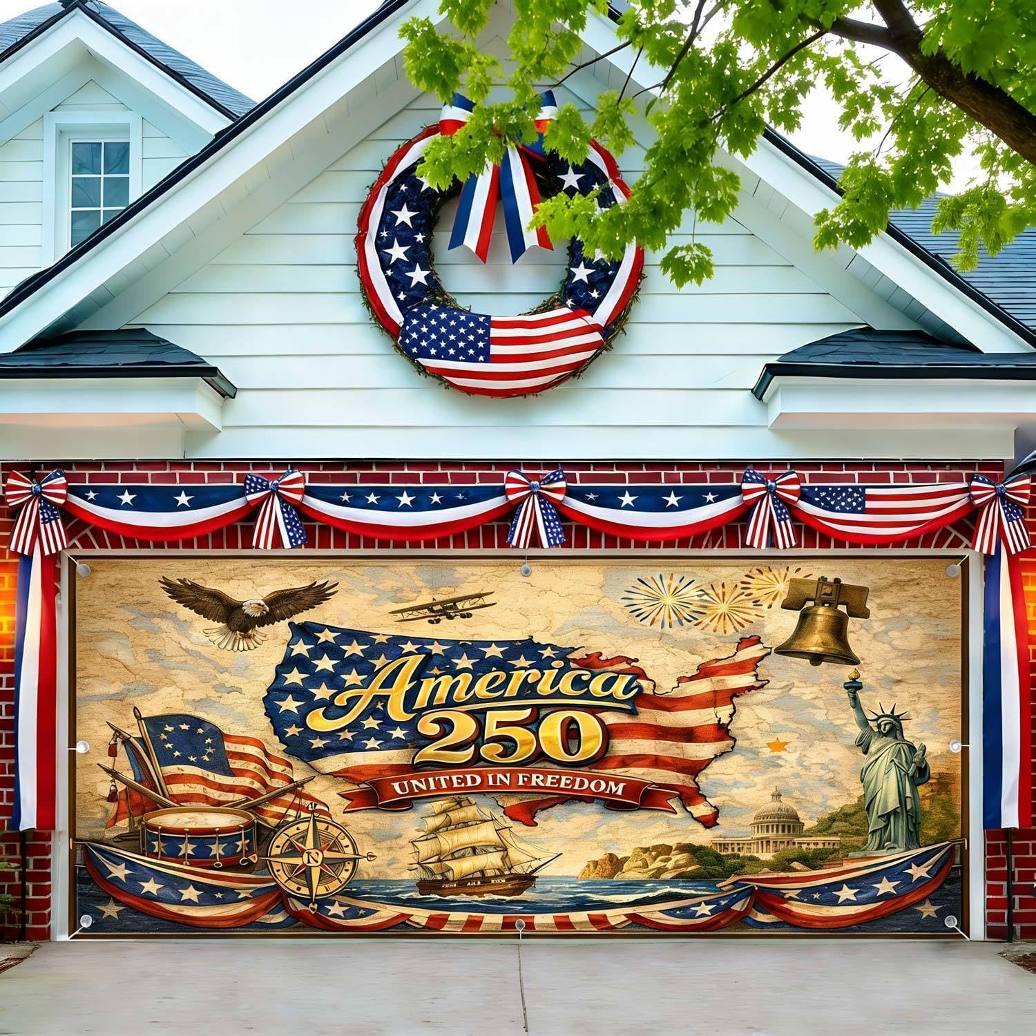 16X7FT Vintage American 250th Anniversary Garage Door Cover Decorations, 1776-2026 250 Years of Freedom USA Patriotic Garage Buddy Background, 4th of July Independence Day Party Wall Window Yard Decor