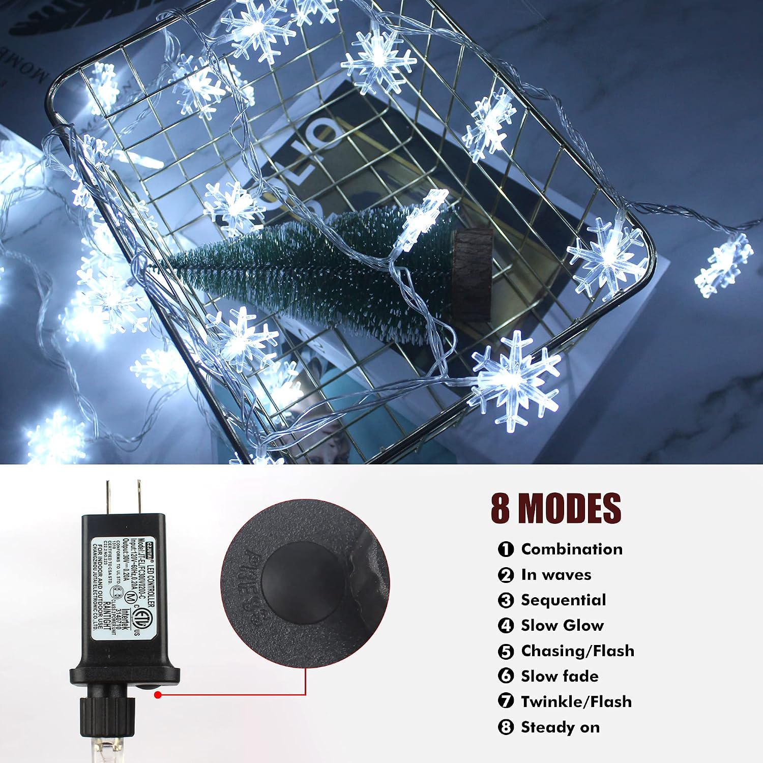 SUNYPLAY Snowflake String Lights, 49.2ft 100LED Snowflake Christmas Lights with 8 Modes Waterproof Plug in Fairy Lights for Christmas Garden Patio Bedroom Party Decor (White)