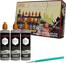 The Army Painter, Pacote de iniciante de aerógrafo, incluindo conjunto de iniciante de ar, escova DipIt, verniz antibrilho de ar, limpador de aerógrafo e médio para DnD, Warhammer e Wargaming