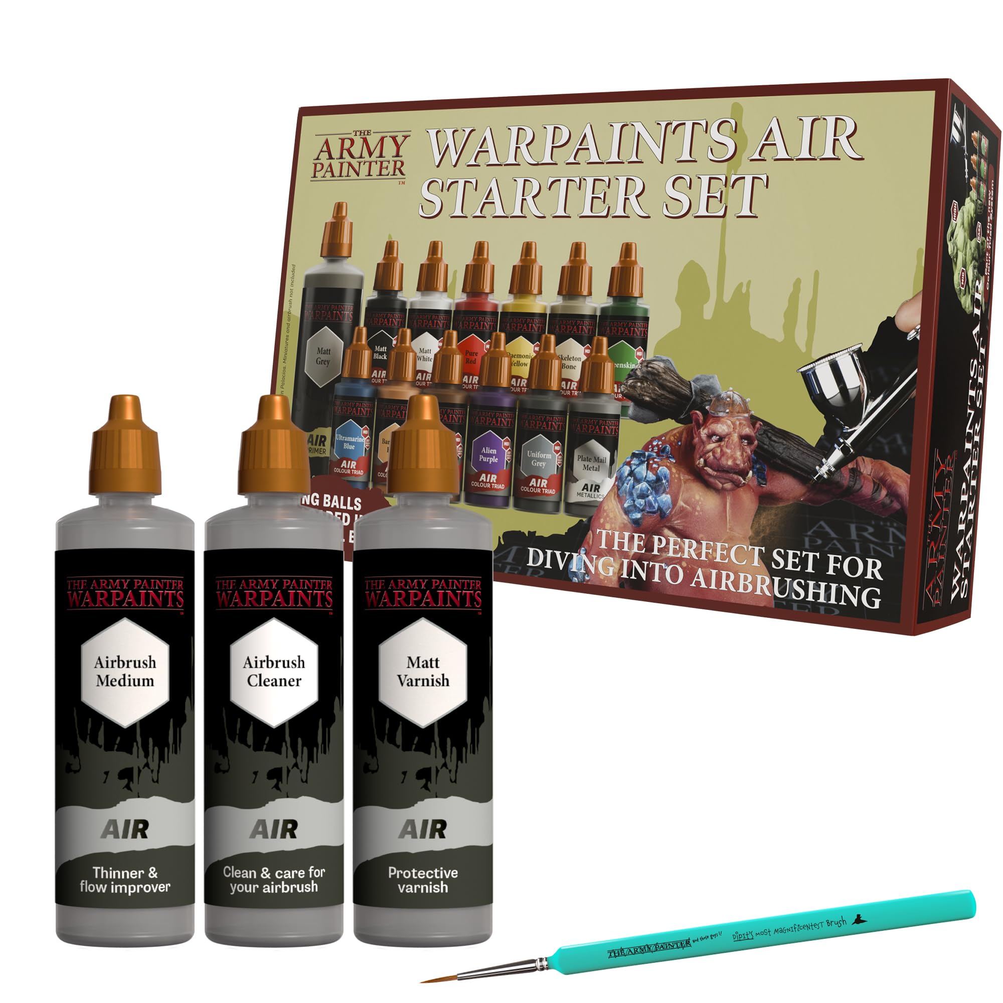 The Army Painter Airbrush Starter Bundle Incl. Air Starter Set, Dipit Brush, Air Anti-Shine Varnish, Airbrush Cleaner, And Medium For Dnd, Warhammer & Wargaming