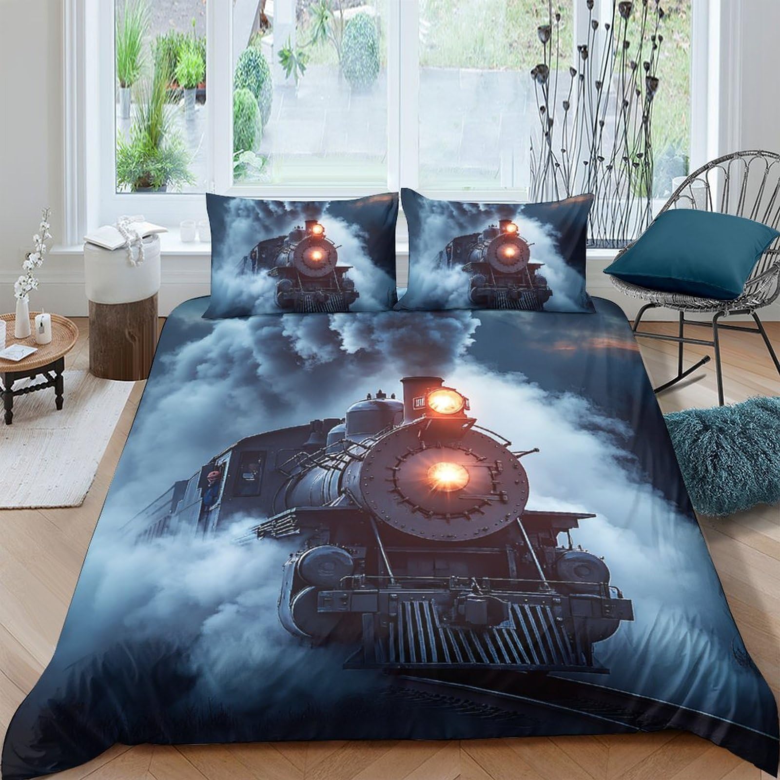 Ctjqhvkz Style-2 3D Printed Steam Train Fitted Sheet Microfiber Soft Dark Blue Smoke Locomotive Bed Cover Bedroom Decor Single（135X200cm）