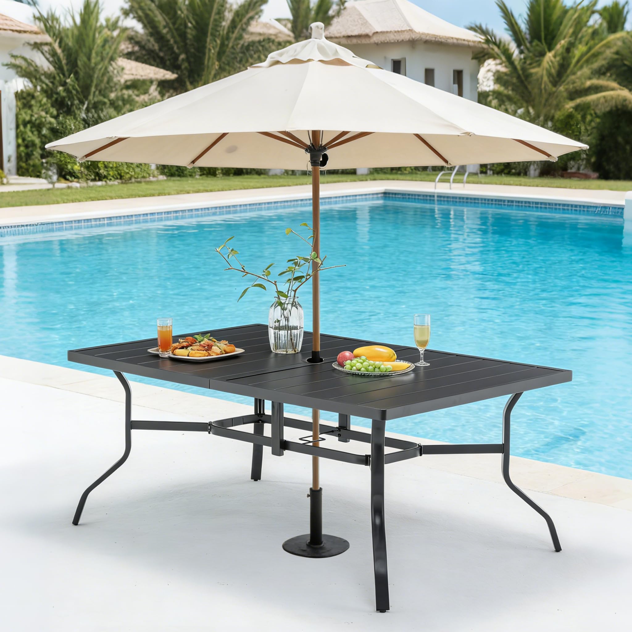 Thanaddo Gartentisch mit Schirmloch für 6 Personen, Wetterfest Terrassentisch aus Stahl, Draussen Metall Tisch Gartenmöbel 150x94 cm Gartentische Campingtisch für Garten Balkon Outdoor, Schwarz
