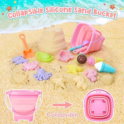 Vista 2 de Juguetes de playa, juguetes de arena de helado para niños pequeños, con cubo plegable y palas para niños con bolsa, juguetes de viaje para niños
