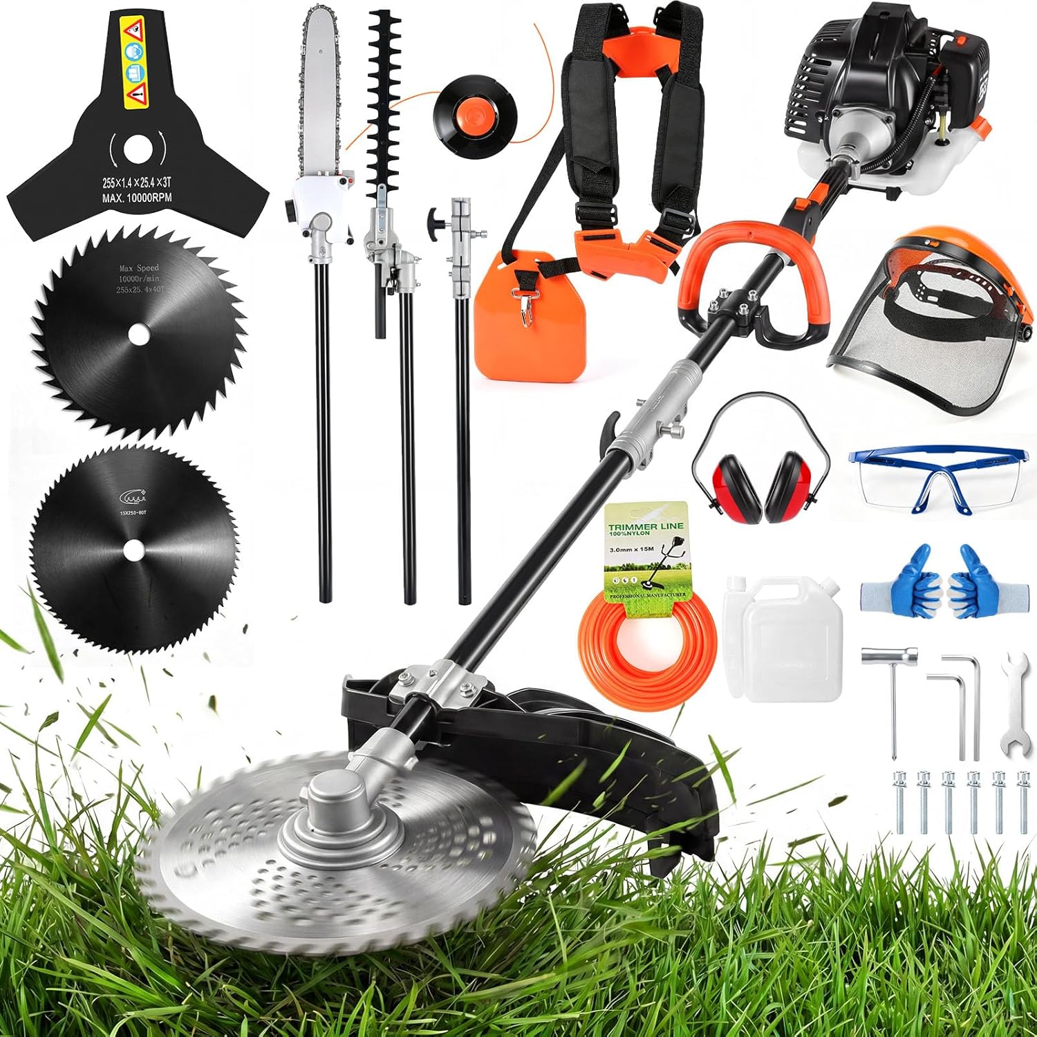 6-in-1 Gas Weed Wacker with Hedge Trimmer, 52CC 2-Stroke String Trimmer/Weed Trimmer/Brush Cutter/Edger, Weed Eater Gas Powered with Extension Pole – Weed Trimmer for Lawn & Garden Care, Orange