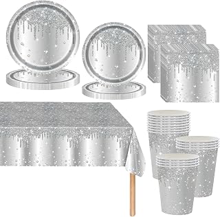 Silber Partygeschirr - 81 Stück Diamant Pappteller Set, Pappbecher, Servietten und Tischdecke - Geburtstag Party Geschirr, Tischdekoration für Hochzeitsfeiern