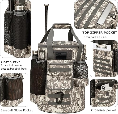 Miniatura 9 de Bolsa de cubo de béisbol, organizador de accesorios de entrenamiento de béisbol, bolsa de cubo de sóftbol estilo táctico con parte inferior