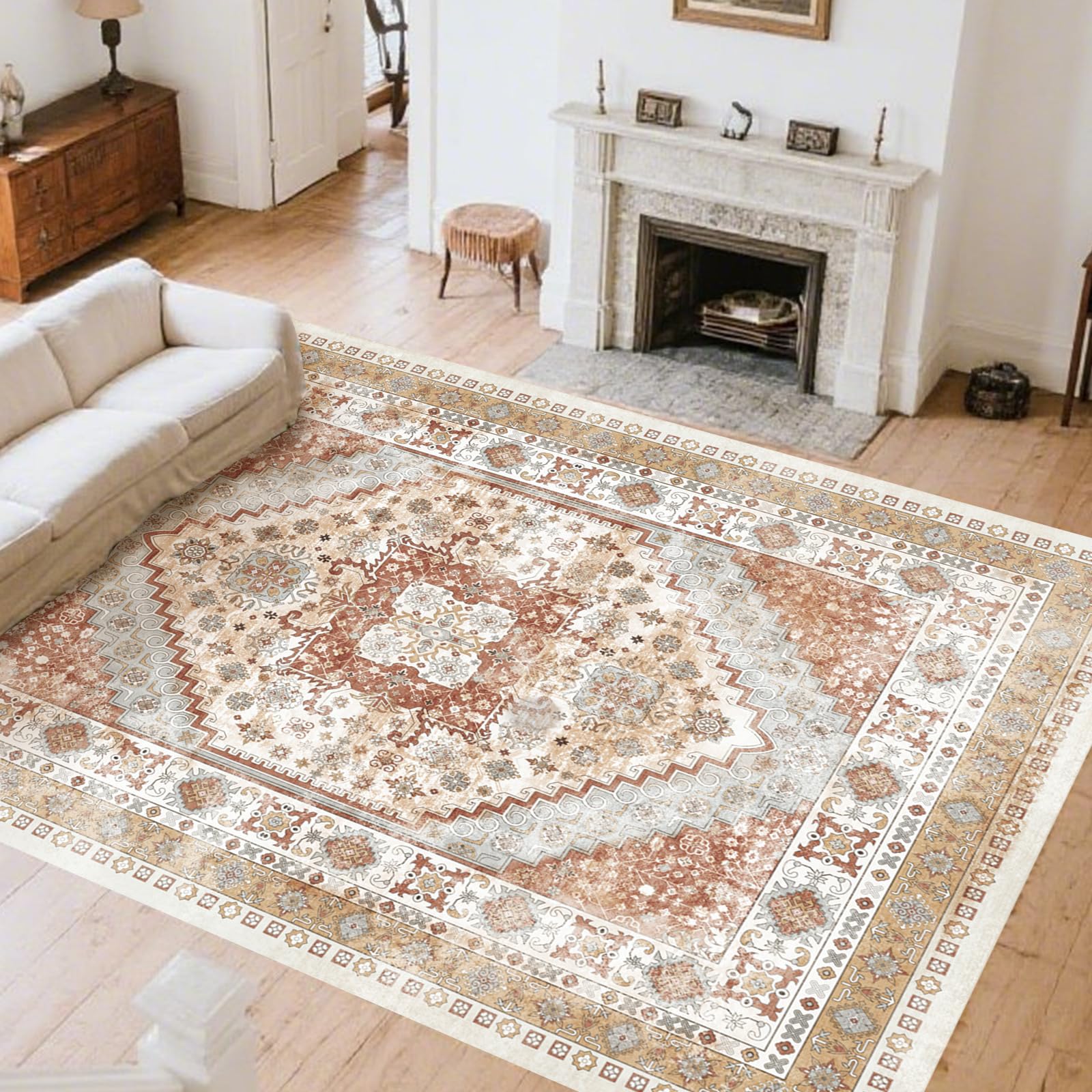 VEVOR Tapis Salon, 2,4 x 3 m, Grand Tapis Chambre Lavable et Antidérapant, Poils Courts et Denses, Résistant aux Griffures Animaux, Doux, Style Vintage, pour Chambre, Bureau, Entrée, Marron et Rouge