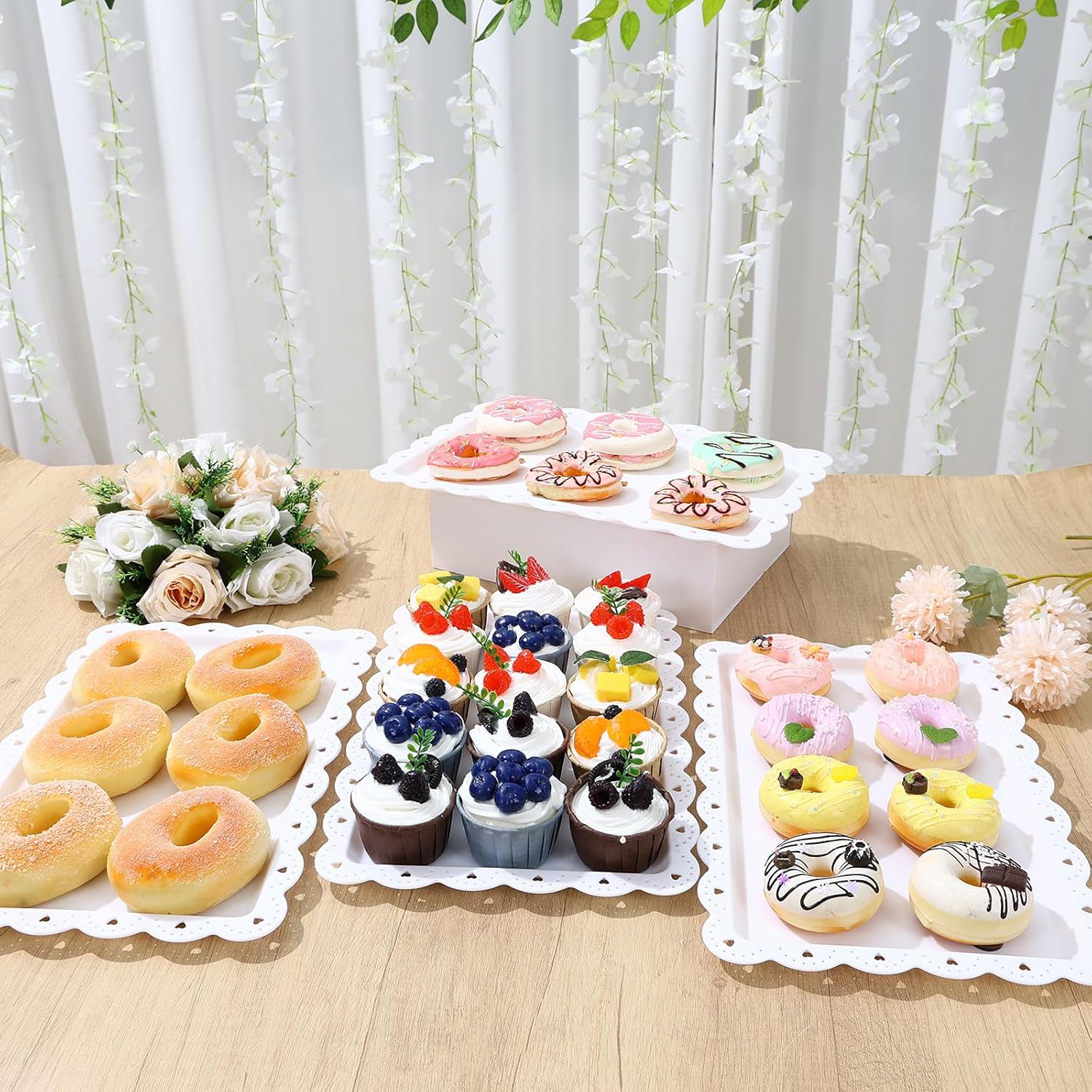 Frigg 4 Pack Serving Trays for Party with Lace Rim,Rectangle Food Trays, Reusable White Plastic Serving Platters Food Display for Birthday Party, Wedding, Restaurant, 14.45" x 9.33"