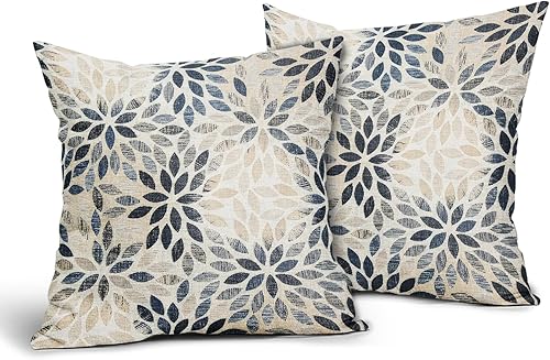 Miniatura 2 de Juego de 2 fundas de almohada de dalia azul marino de 16 x 16 pulgadas, fundas de almohada cuadradas decorativas con flores geométricas rústicas,