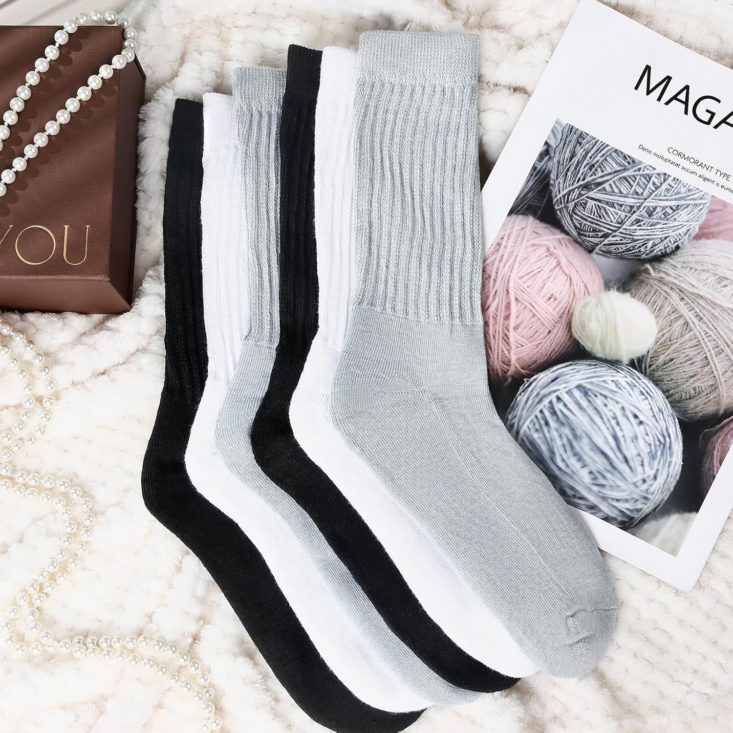 6 Pairs Slouch Socks for Women, 80s Retro Scrunch Socks, Soft Cotton Knit Mid Calf Trendy Crew Socks - Image 3