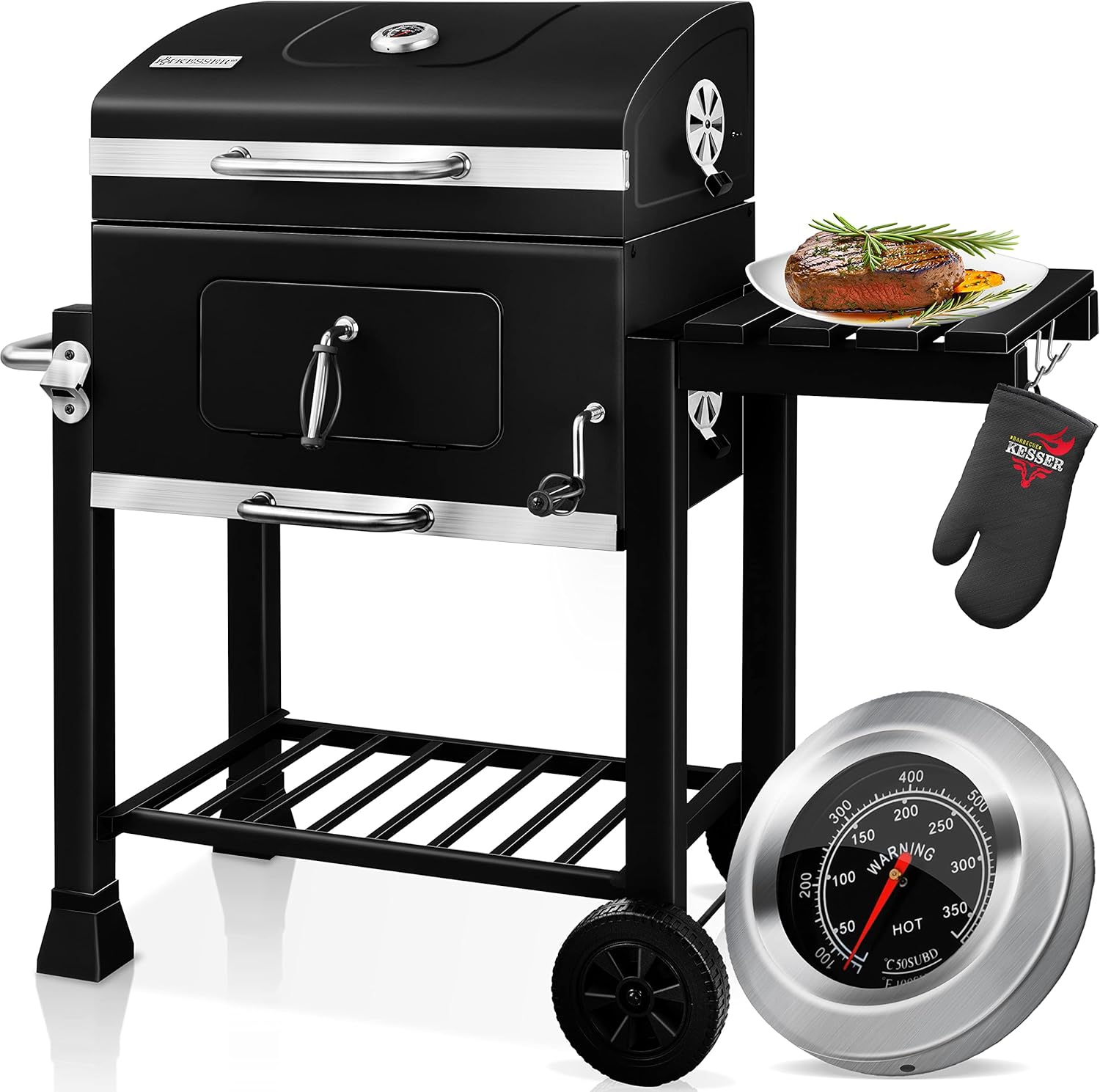 KESSER® Barbecue con carrello XXL Barbecue a carbonella con coperchio, ruote, manico in acciaio inox, griglia e termometro a carbonella,Grande barbecue a carbonella Barbecue da campeggio (Schwarz)