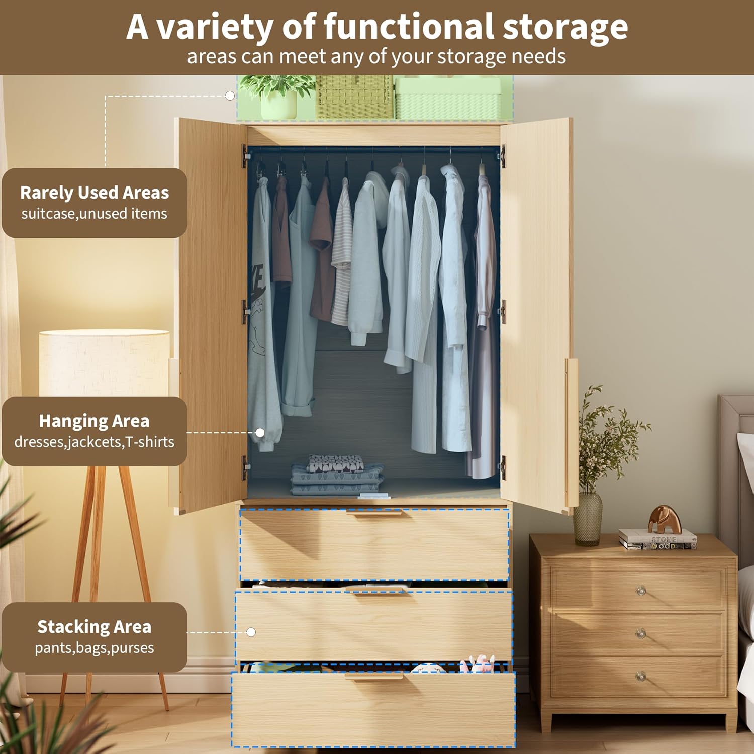 GarveeHome Armoire Wardrobe Closet, 69.5 in Wooden Wardrobe Cabinet with 3 Drawers, Hanging Rod, 2 Doors Clothing Storage Cabinet for Bedroom, Large Capacity Storage, Rattan Door, Natural