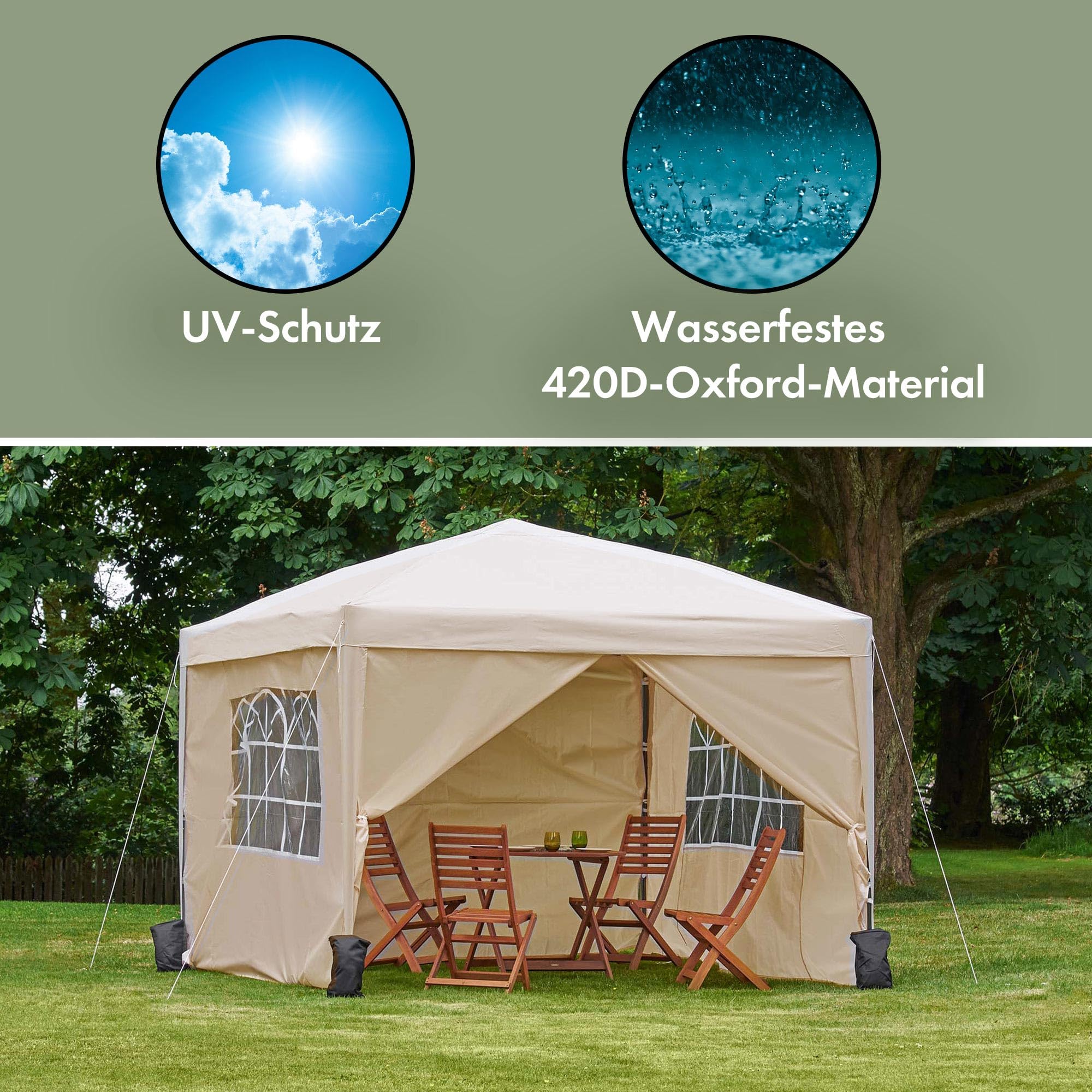 VonHaus Faltpavillon 3x3 Wasserdicht Stabil Winterfest - Pop-Up Pavillon 3x3m mit Seiten, Warmes Partyzelt für jeden Zweck