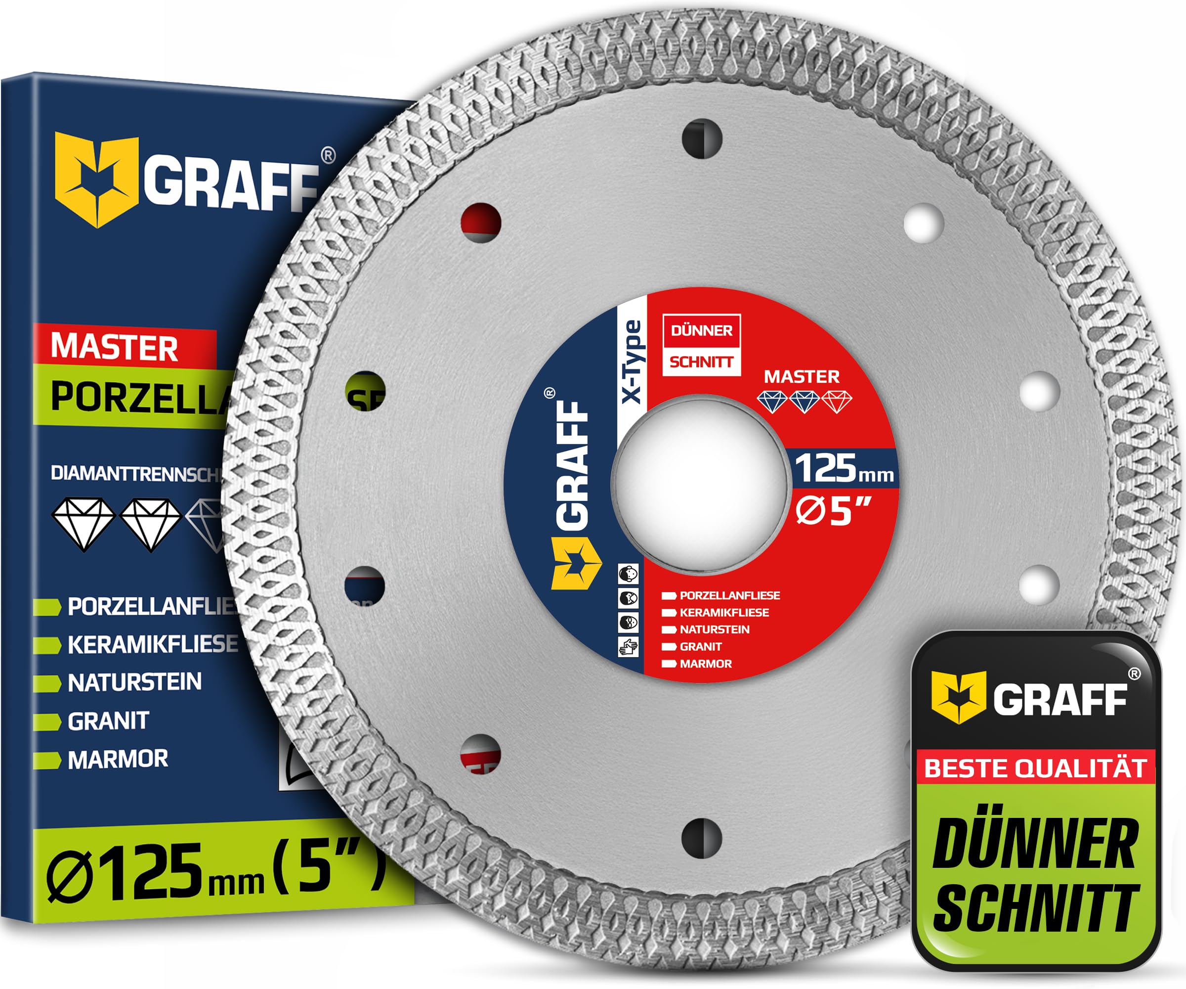 GRAFF Diamentowa tarcza do cięcia 125mm - tarcza tnąca do cięcia twardych płytek, ceramika, gresu granitu, marmuru,kamienia naturalnego -1,2mm tarcza diamentowa bardzo cienka do szlifierek kątowych
